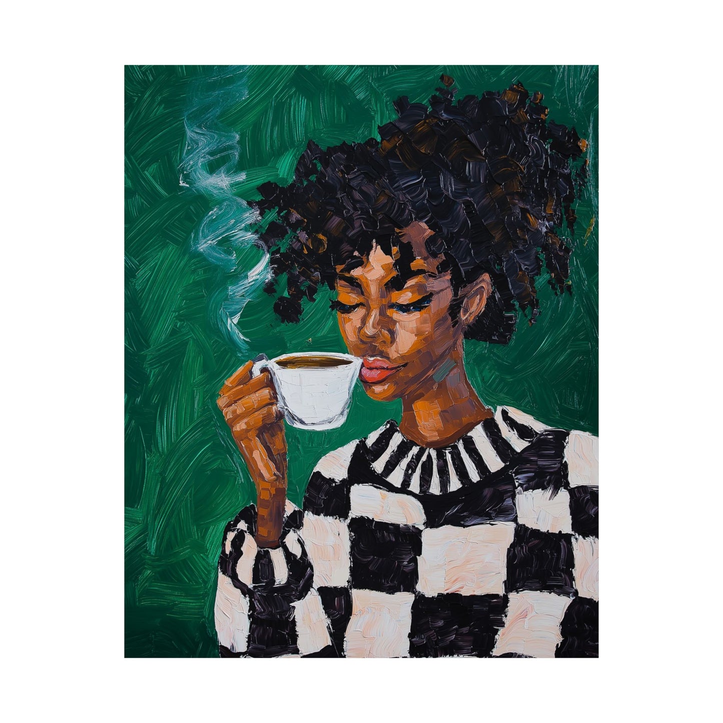 Black Woman Coffee Wall Art Print – Bold Afrocentric Painting for Kitchen or Living Room Décor