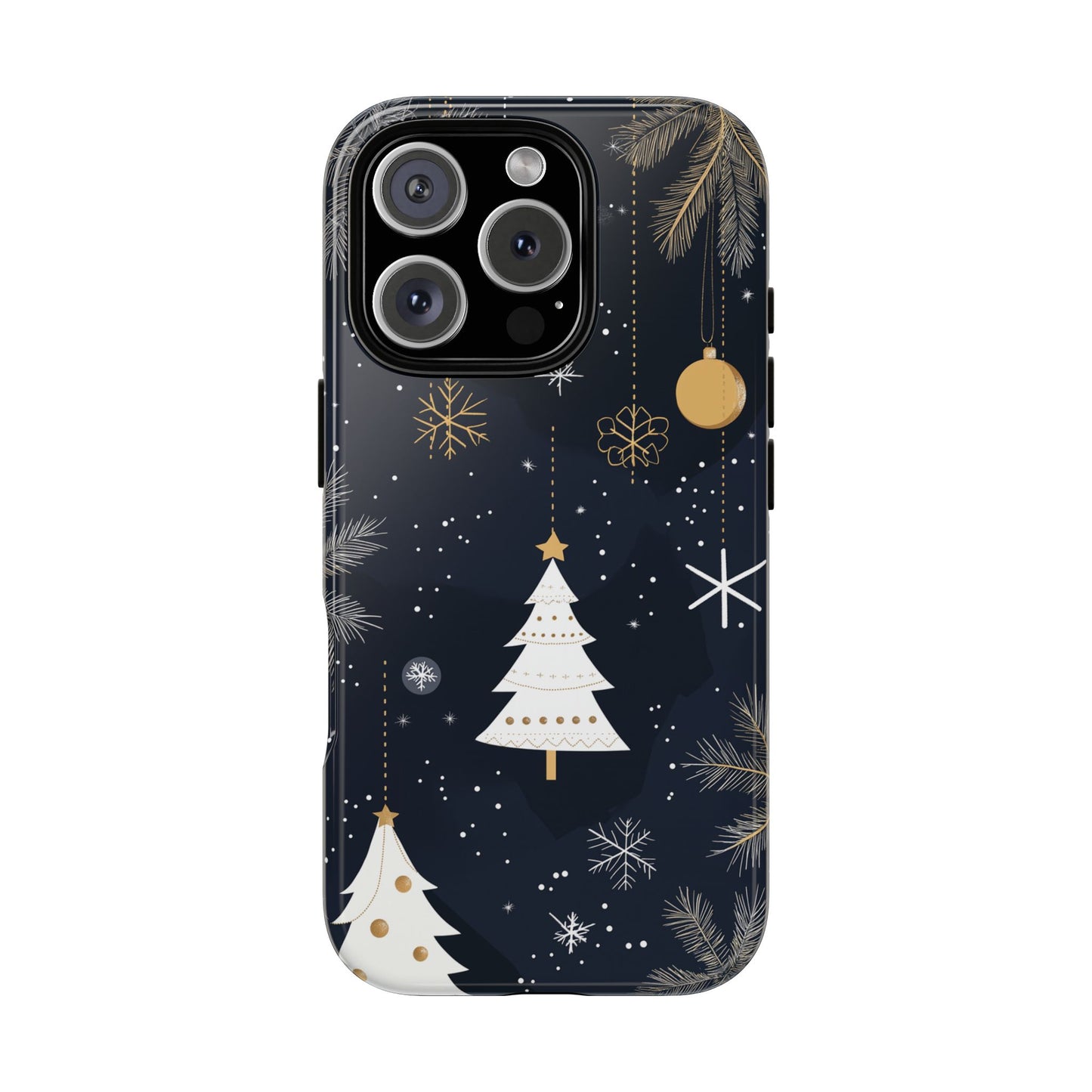 Modern Holiday Phone Case – Minimalist Christmas Trees and Gold Ornaments Design