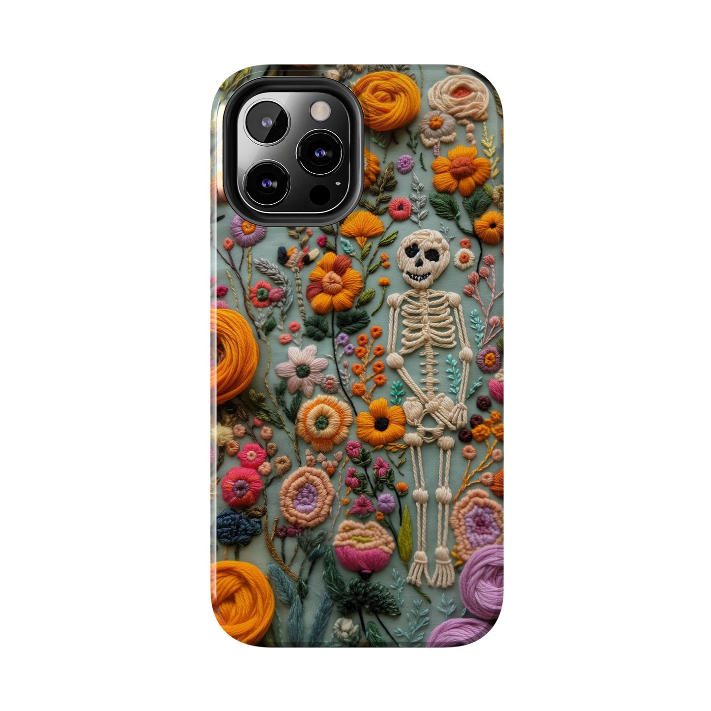Vintage Skeletons in Bloom Phone Case | Embroidered Look Floral Charm Phone Cover | Halloween Cottagecore | iPhone | Pixel | Samsung