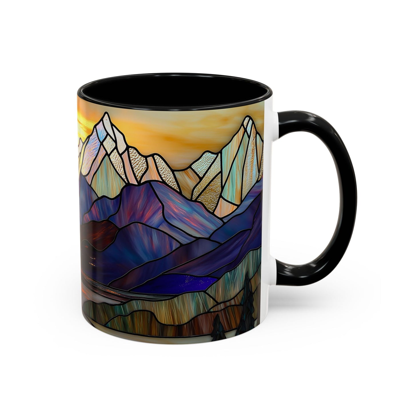 Stained Glass Mountain Coffee Mug - Vibrant Watercolor Mountain Sunset, 11oz & 15oz Ceramic Mug, Perfect gifts ideas, Outdoor Adventure