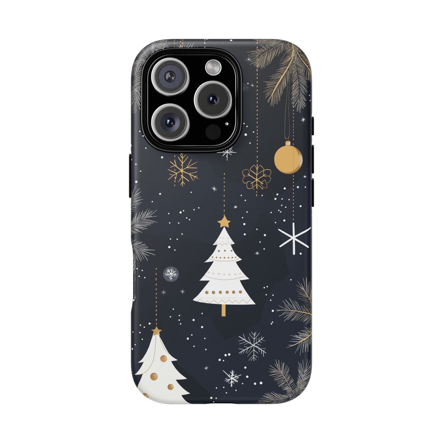 Modern Holiday Phone Case – Minimalist Christmas Trees and Gold Ornaments Design