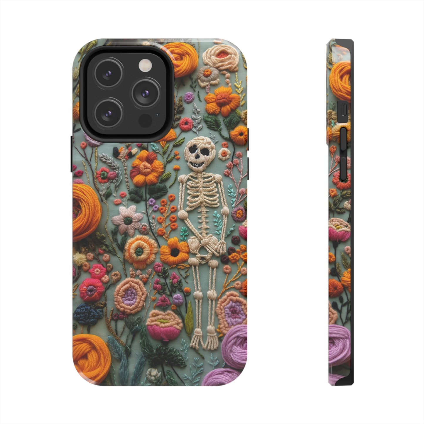 Vintage Skeletons in Bloom Phone Case | Embroidered Look Floral Charm Phone Cover | Halloween Cottagecore | iPhone | Pixel | Samsung