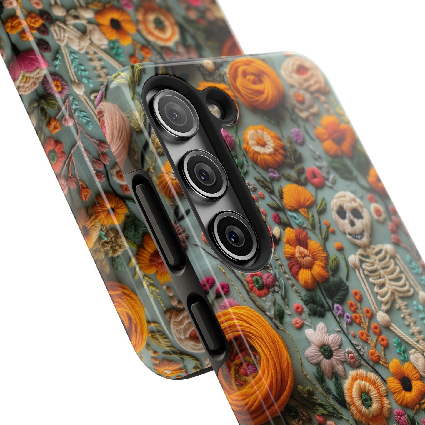 Vintage Skeletons in Bloom Phone Case | Embroidered Look Floral Charm Phone Cover | Halloween Cottagecore | iPhone | Pixel | Samsung