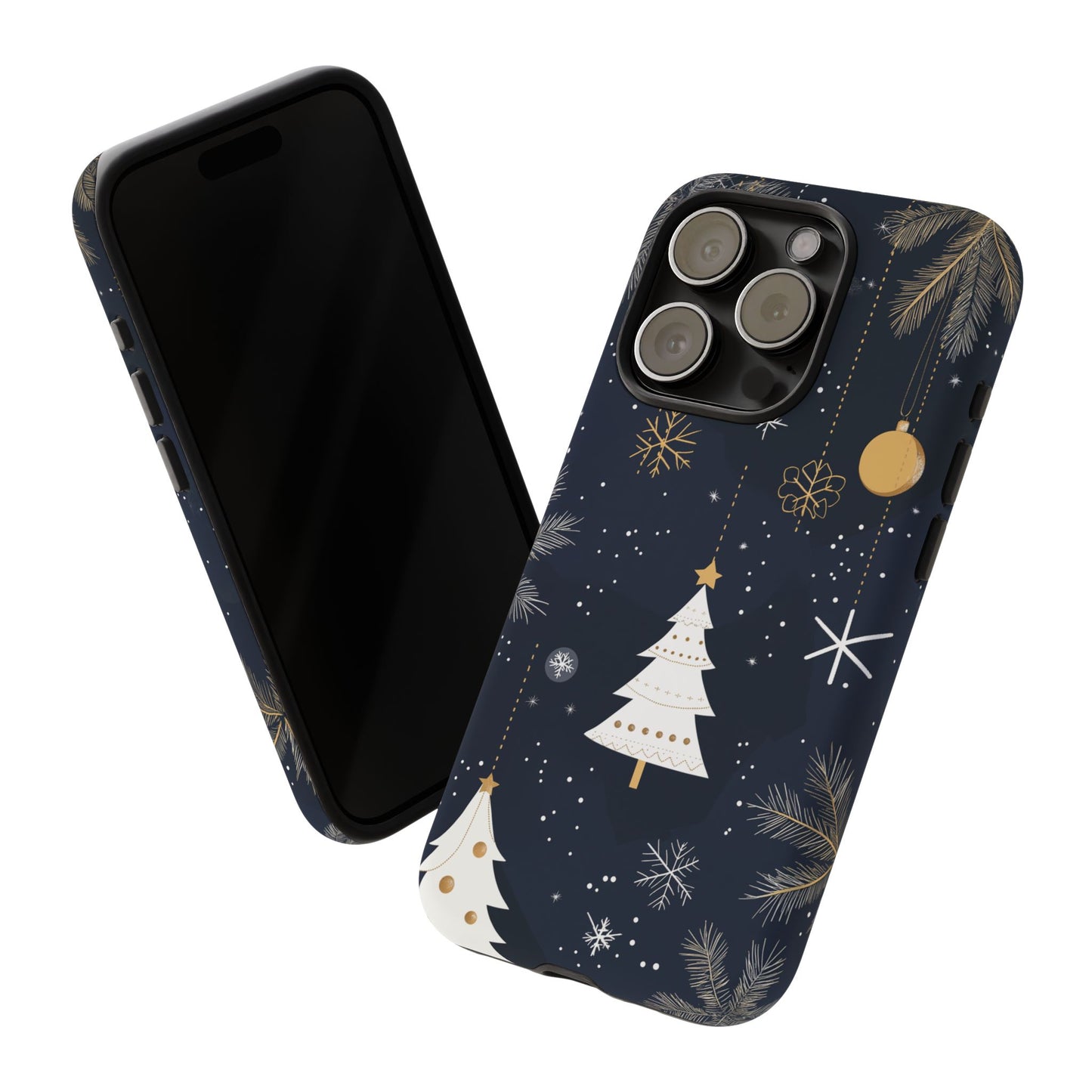 Modern Holiday Phone Case – Minimalist Christmas Trees and Gold Ornaments Design