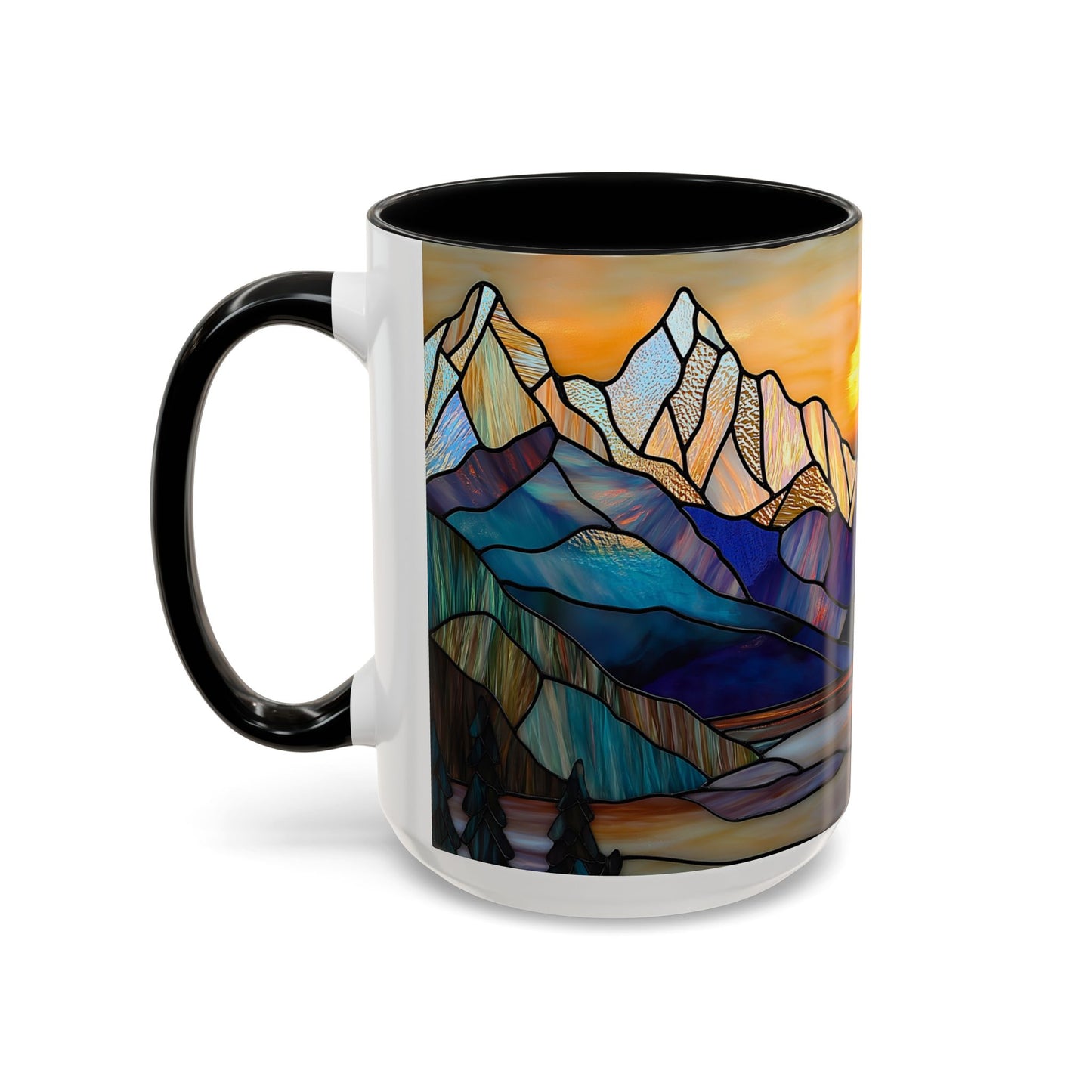 Stained Glass Mountain Coffee Mug - Vibrant Watercolor Mountain Sunset, 11oz & 15oz Ceramic Mug, Perfect gifts ideas, Outdoor Adventure