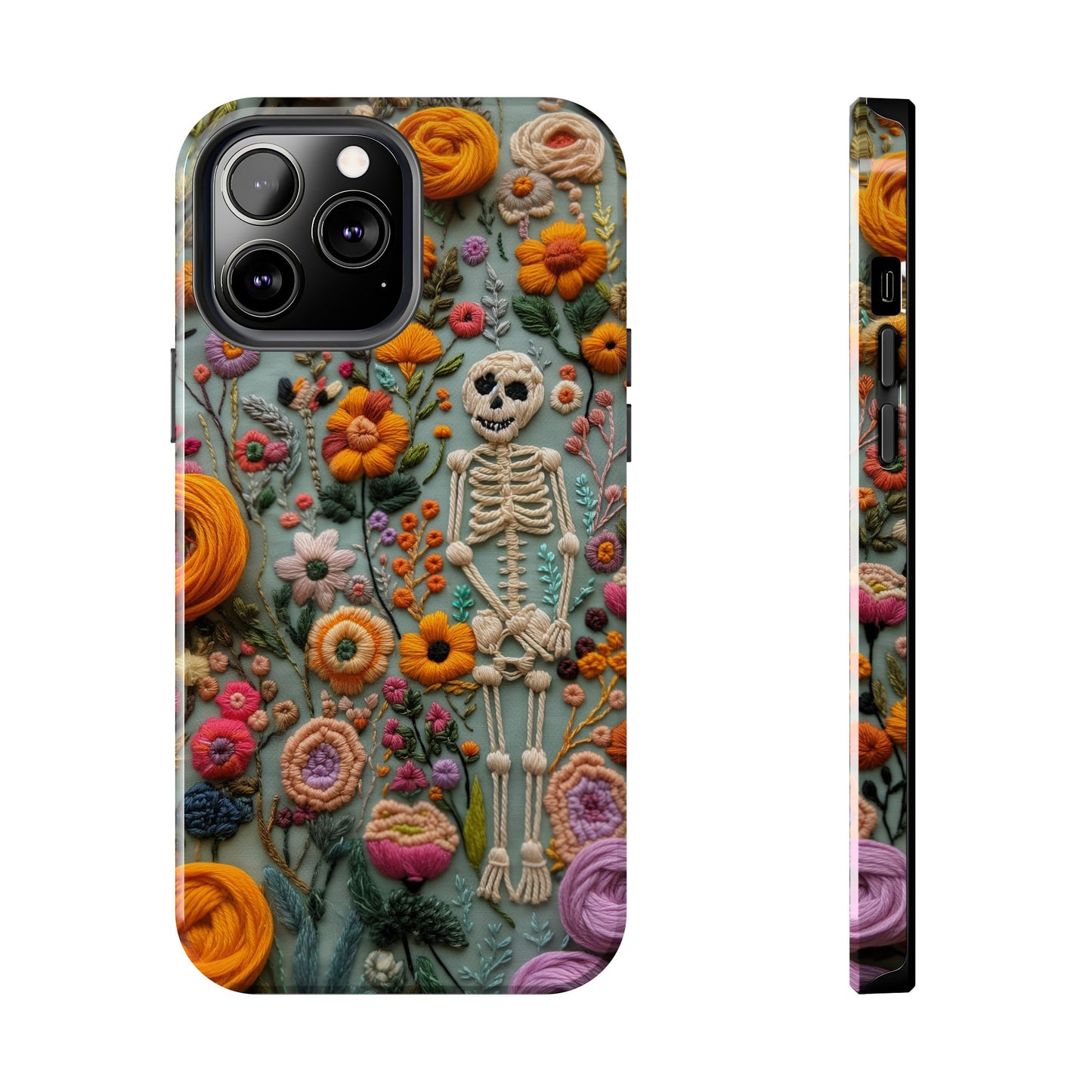 Vintage Skeletons in Bloom Phone Case | Embroidered Look Floral Charm Phone Cover | Halloween Cottagecore | iPhone | Pixel | Samsung