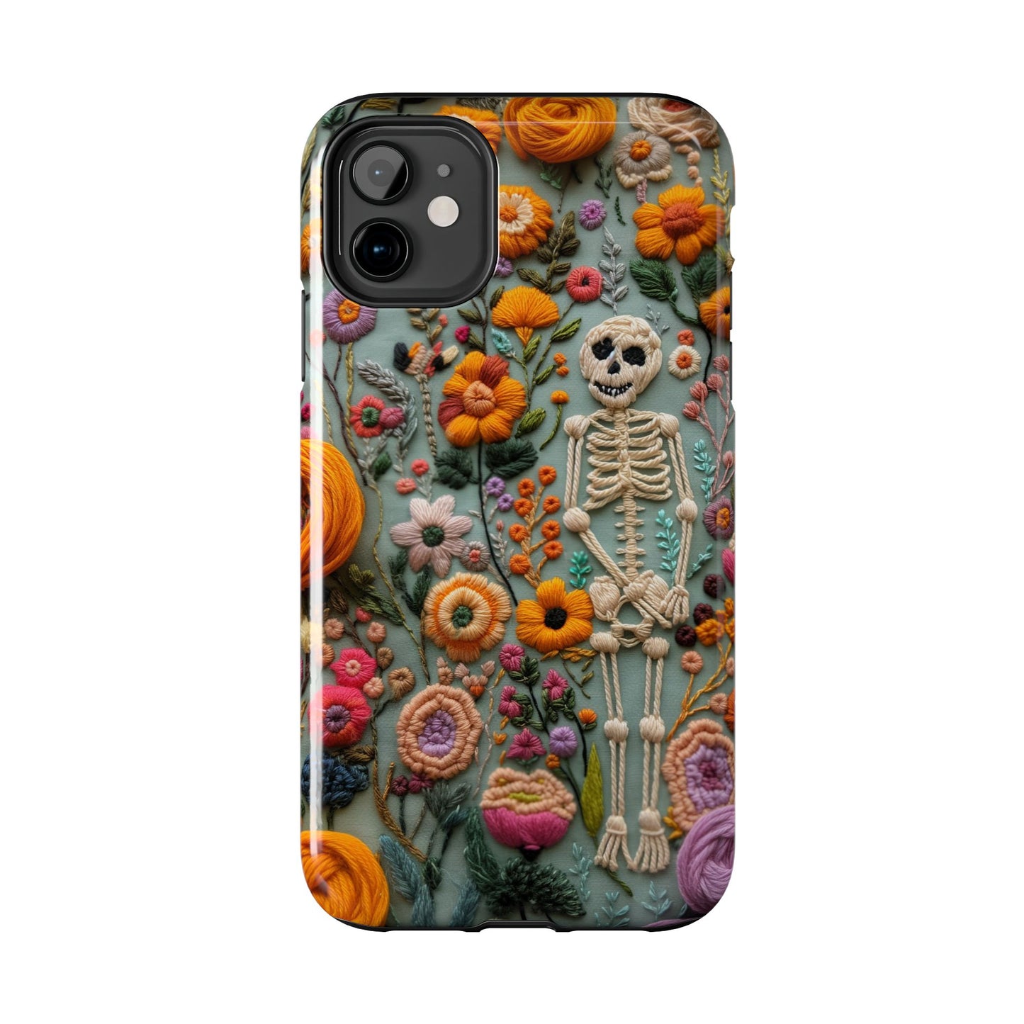 Vintage Skeletons in Bloom Phone Case | Embroidered Look Floral Charm Phone Cover | Halloween Cottagecore | iPhone | Pixel | Samsung