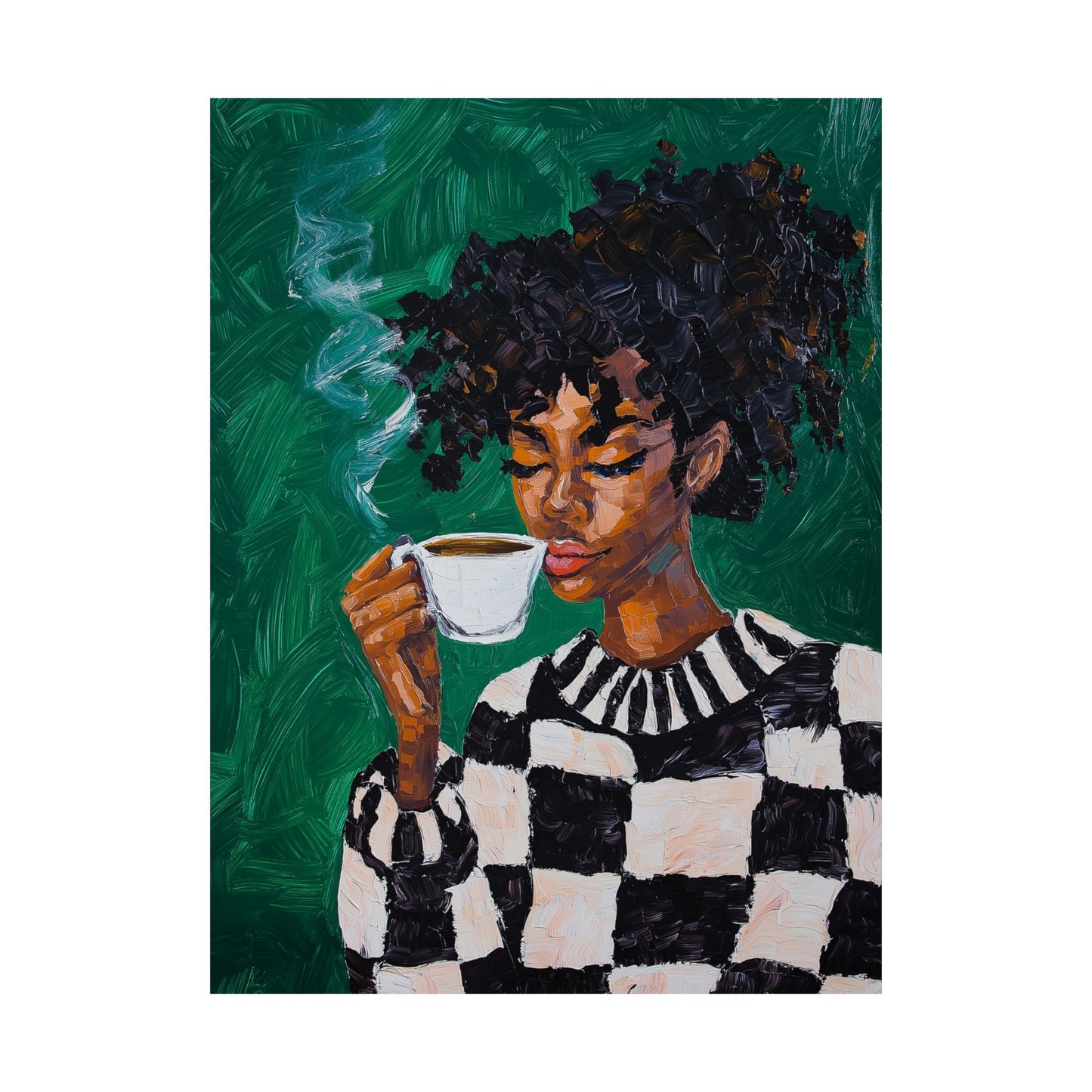 Black Woman Coffee Wall Art Print – Bold Afrocentric Painting for Kitchen or Living Room Décor