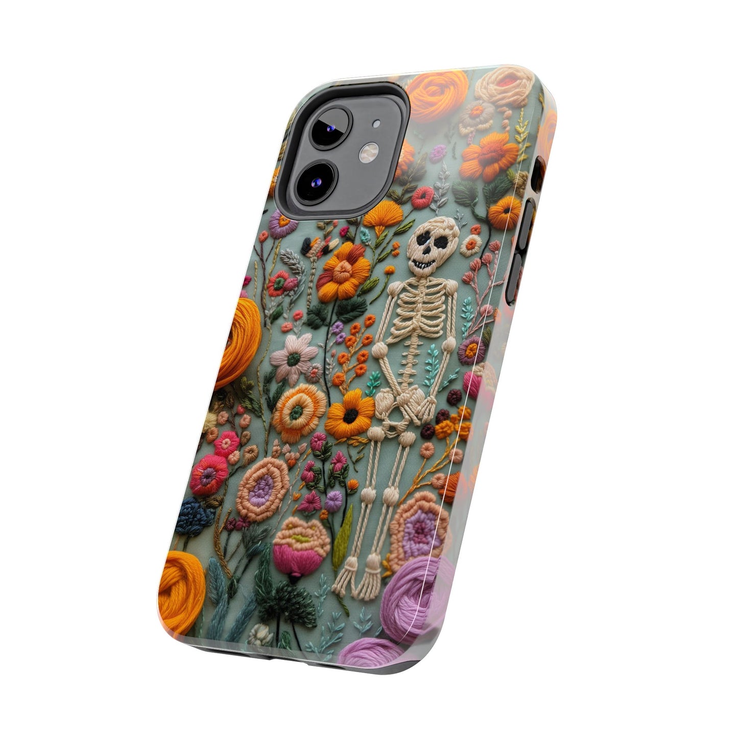 Vintage Skeletons in Bloom Phone Case | Embroidered Look Floral Charm Phone Cover | Halloween Cottagecore | iPhone | Pixel | Samsung