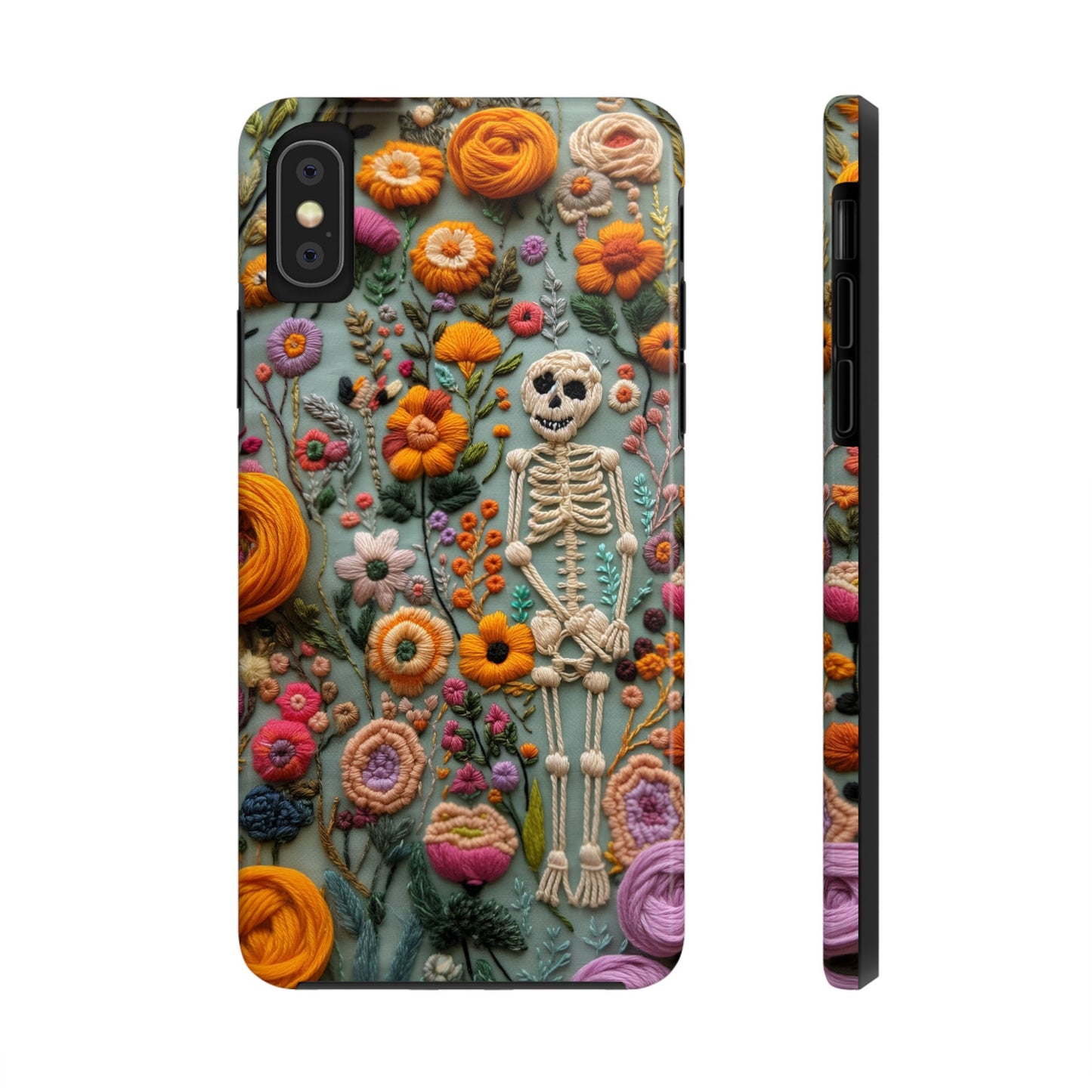 Vintage Skeletons in Bloom Phone Case | Embroidered Look Floral Charm Phone Cover | Halloween Cottagecore | iPhone | Pixel | Samsung