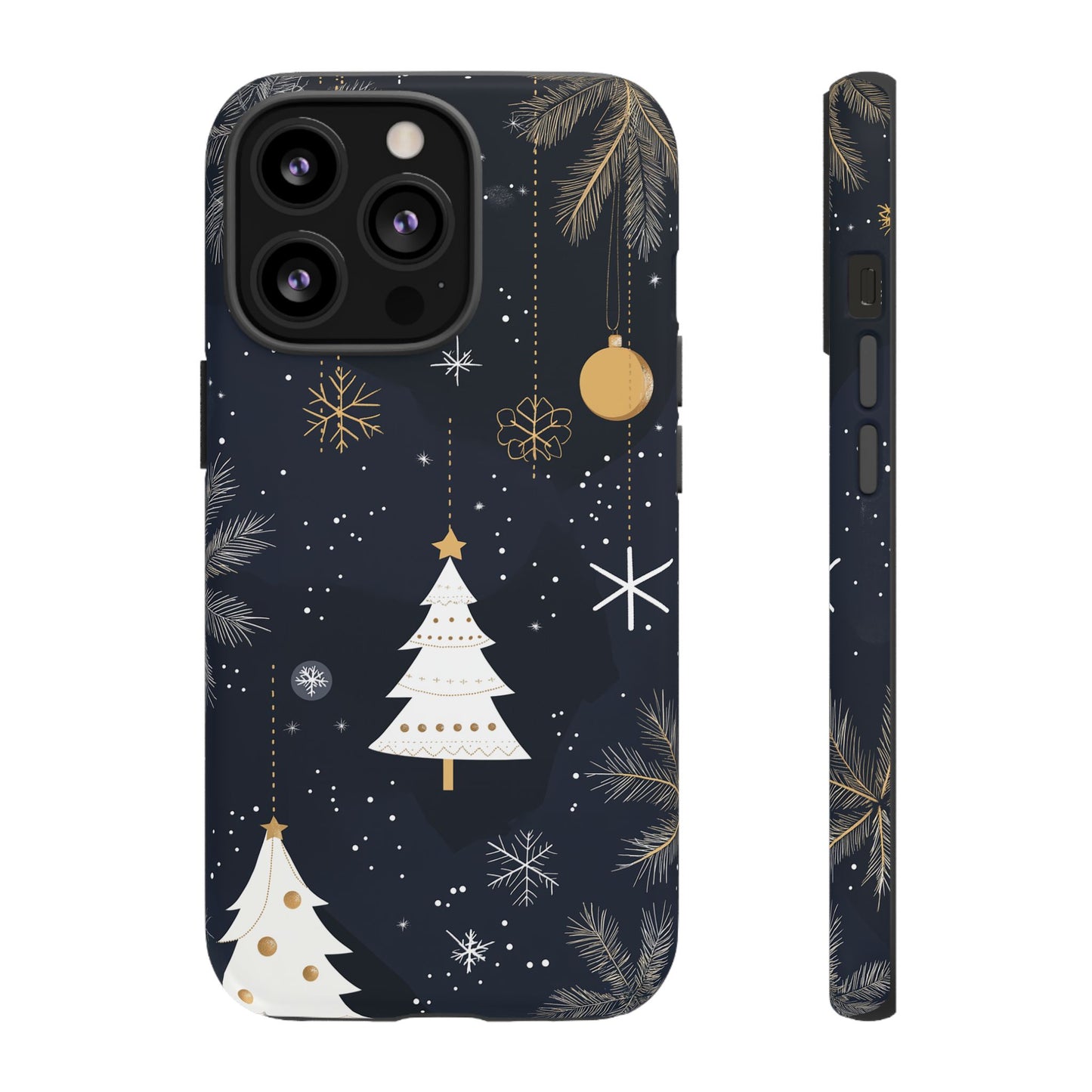 Modern Holiday Phone Case – Minimalist Christmas Trees and Gold Ornaments Design