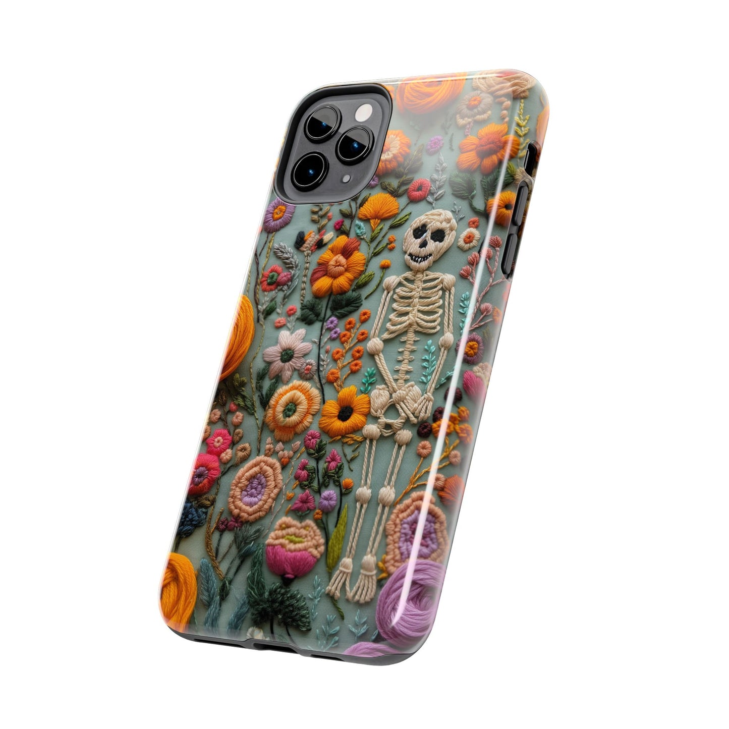 Vintage Skeletons in Bloom Phone Case | Embroidered Look Floral Charm Phone Cover | Halloween Cottagecore | iPhone | Pixel | Samsung