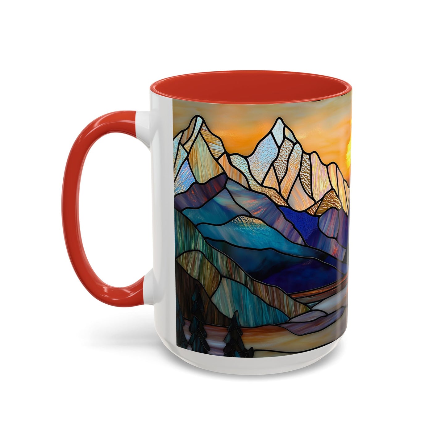 Stained Glass Mountain Coffee Mug - Vibrant Watercolor Mountain Sunset, 11oz & 15oz Ceramic Mug, Perfect gifts ideas, Outdoor Adventure