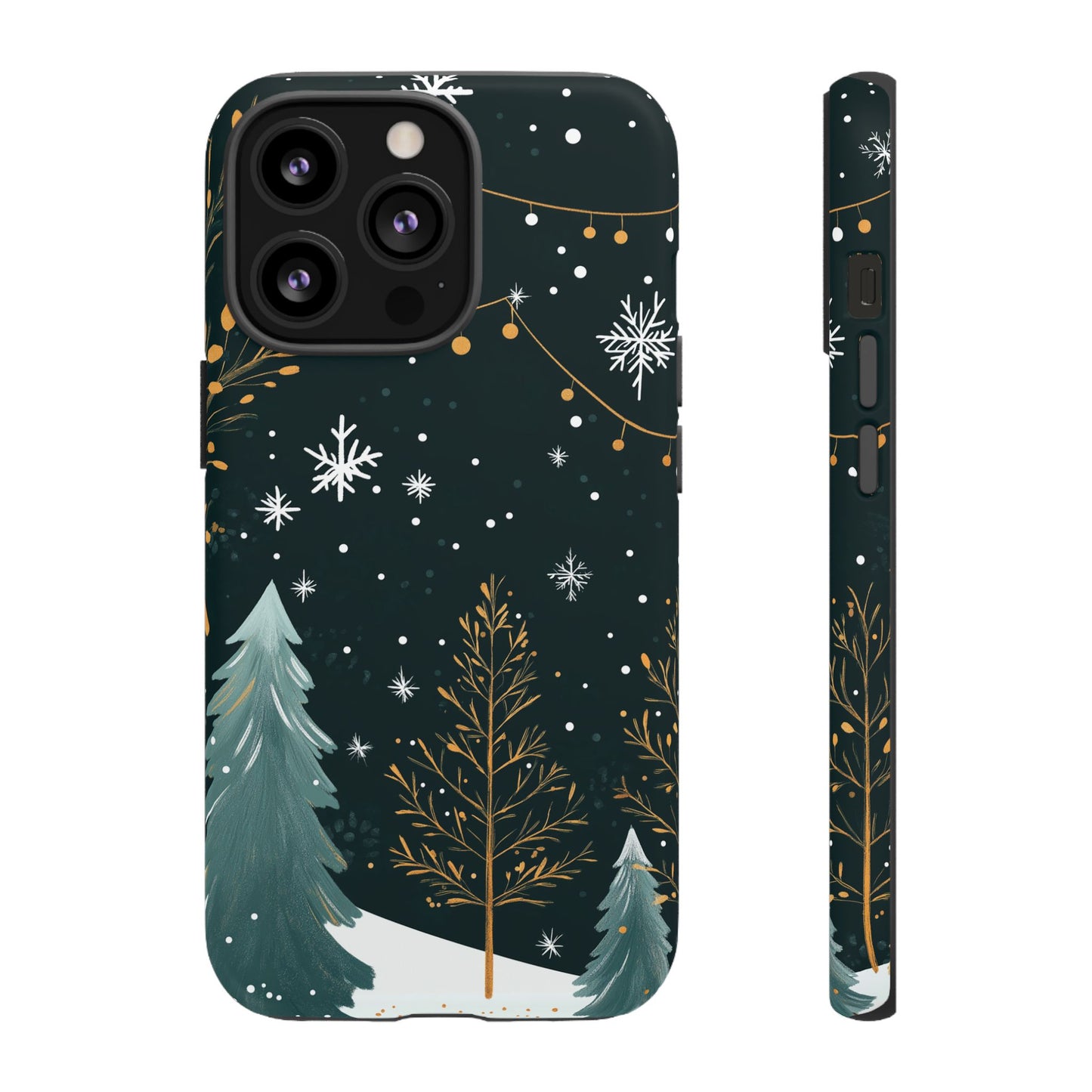 Elegant Christmas Snowfall Phone Case – Minimalist Winter Trees and Festive Lights Design