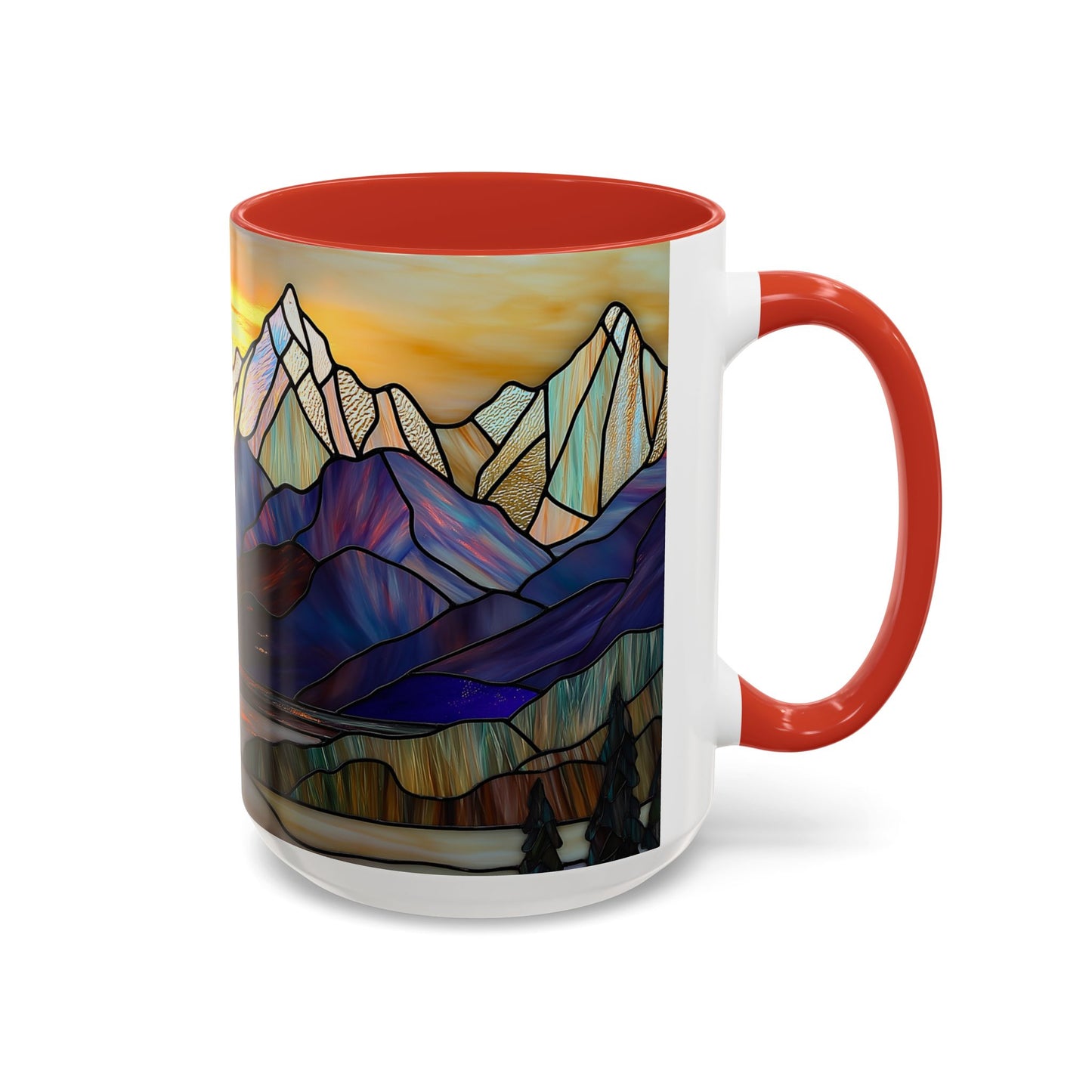 Stained Glass Mountain Coffee Mug - Vibrant Watercolor Mountain Sunset, 11oz & 15oz Ceramic Mug, Perfect gifts ideas, Outdoor Adventure
