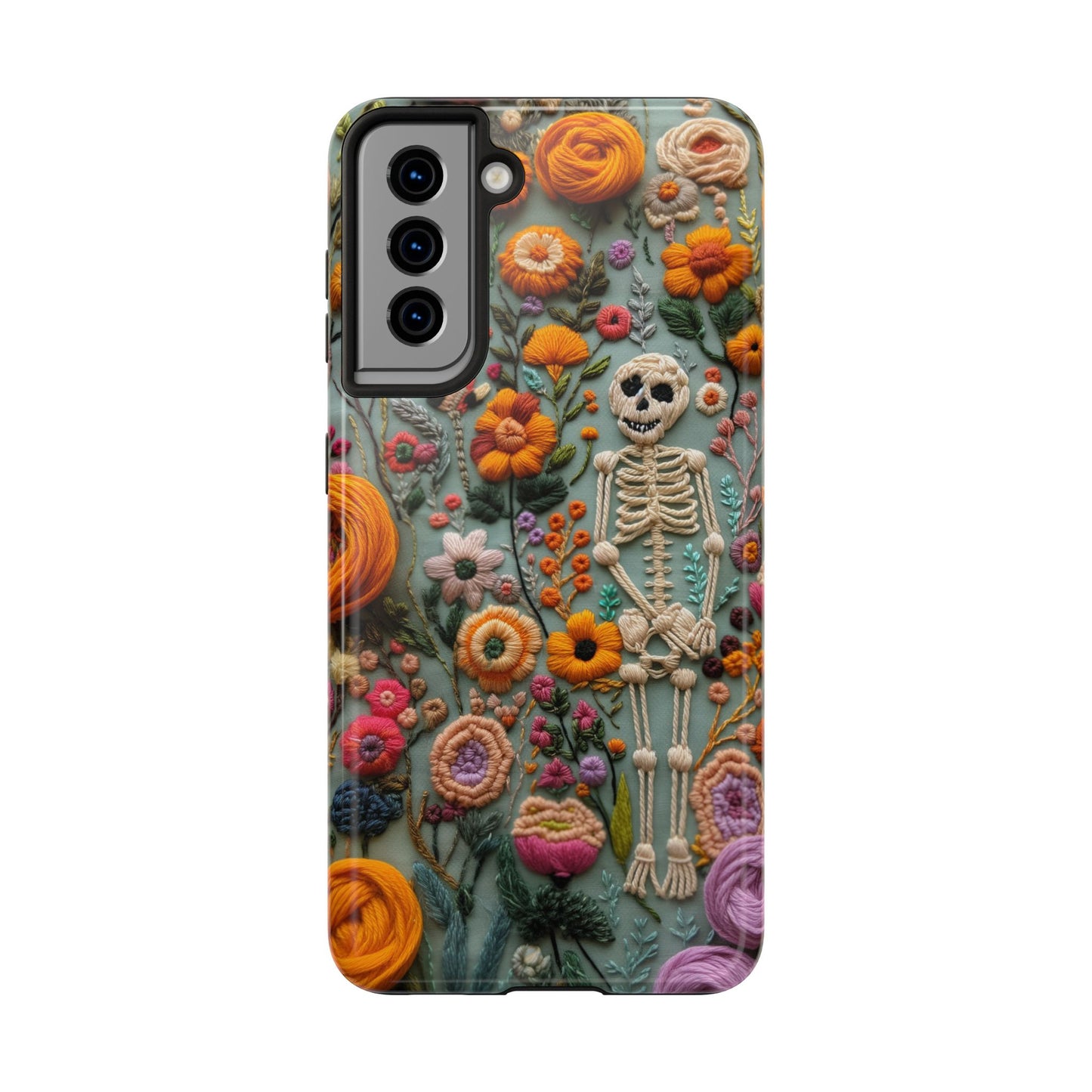Vintage Skeletons in Bloom Phone Case | Embroidered Look Floral Charm Phone Cover | Halloween Cottagecore | iPhone | Pixel | Samsung
