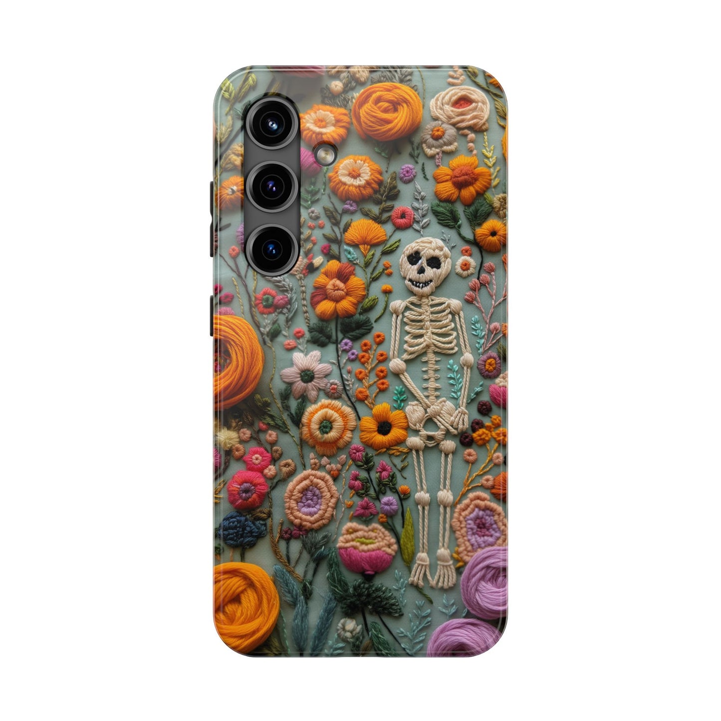 Vintage Skeletons in Bloom Phone Case | Embroidered Look Floral Charm Phone Cover | Halloween Cottagecore | iPhone | Pixel | Samsung