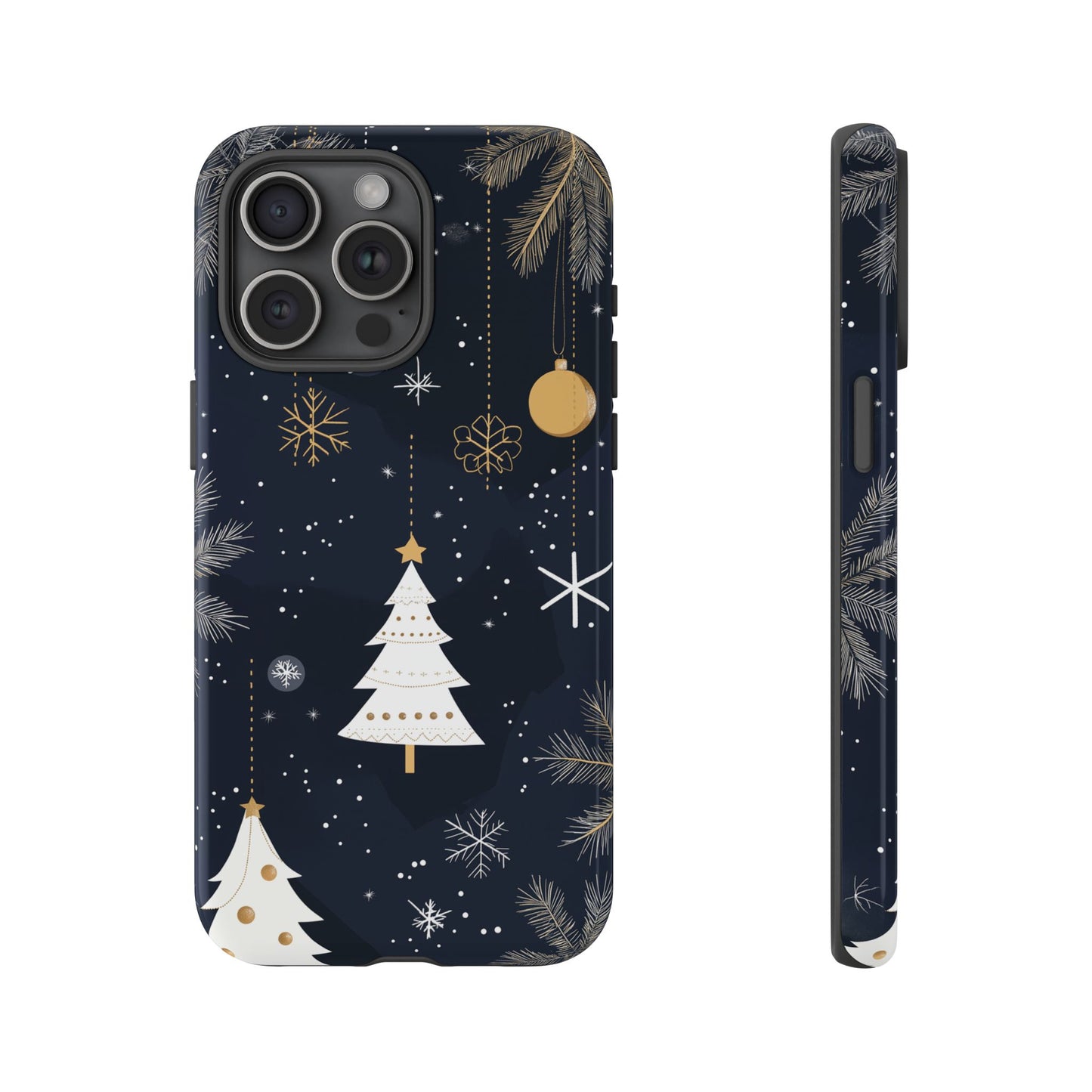Modern Holiday Phone Case – Minimalist Christmas Trees and Gold Ornaments Design