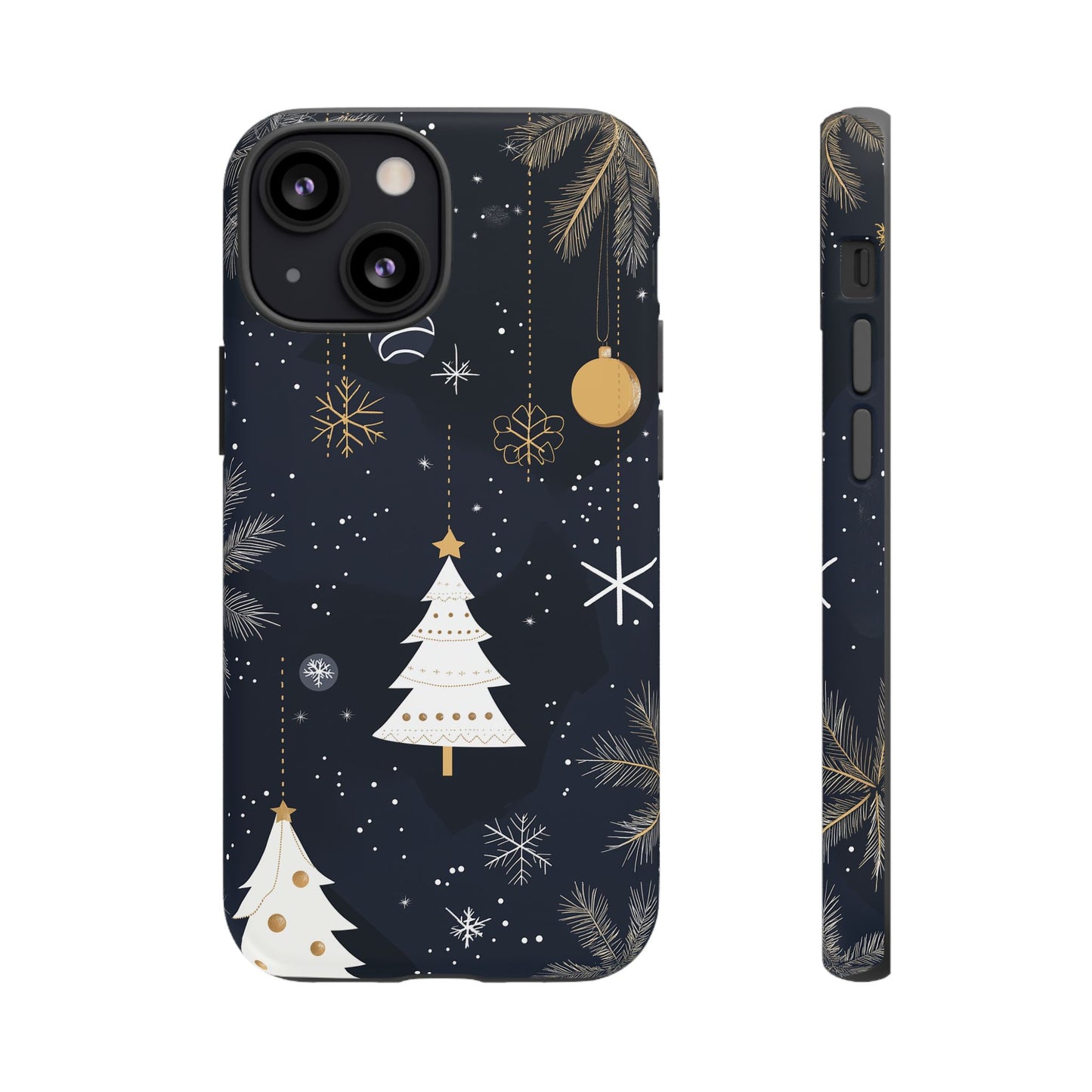 Modern Holiday Phone Case – Minimalist Christmas Trees and Gold Ornaments Design
