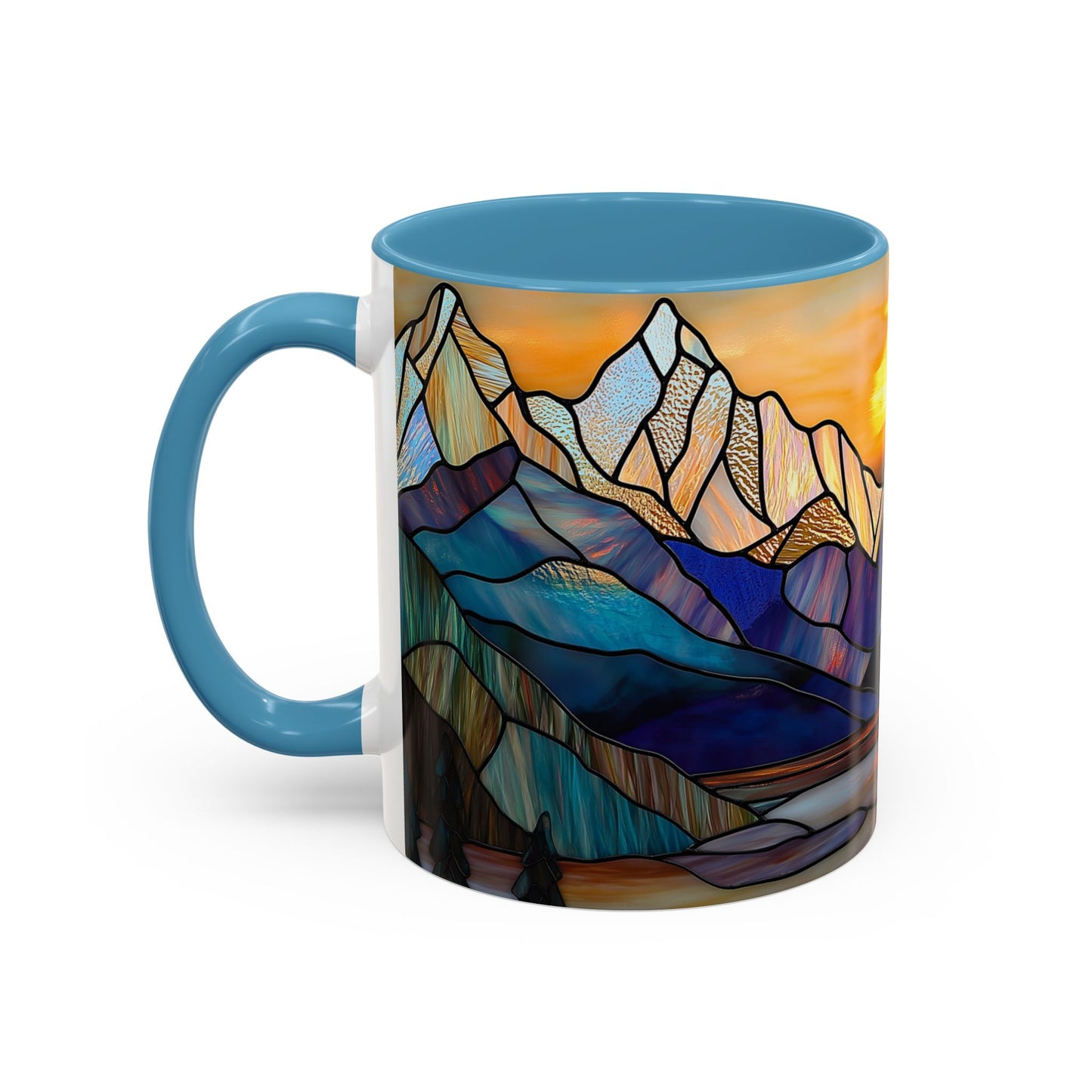 Stained Glass Mountain Coffee Mug - Vibrant Watercolor Mountain Sunset, 11oz & 15oz Ceramic Mug, Perfect gifts ideas, Outdoor Adventure