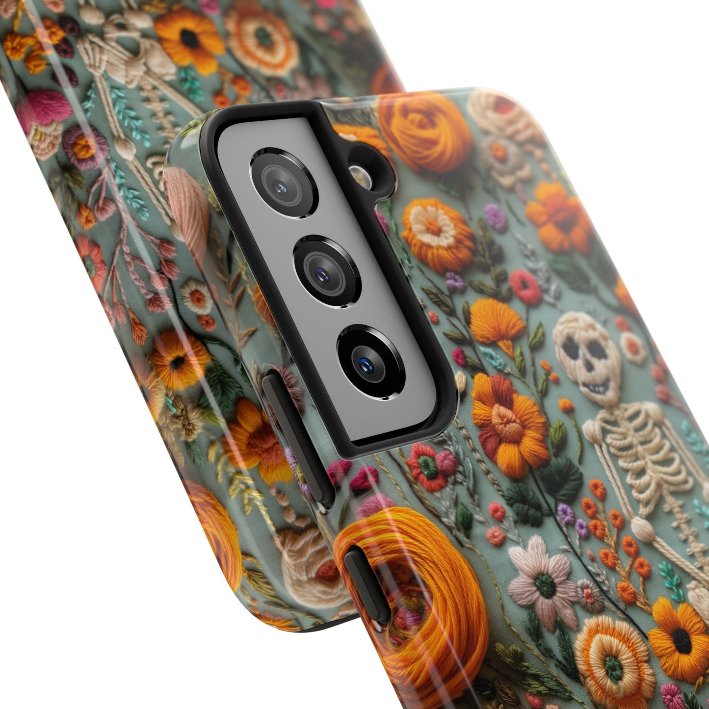 Vintage Skeletons in Bloom Phone Case | Embroidered Look Floral Charm Phone Cover | Halloween Cottagecore | iPhone | Pixel | Samsung