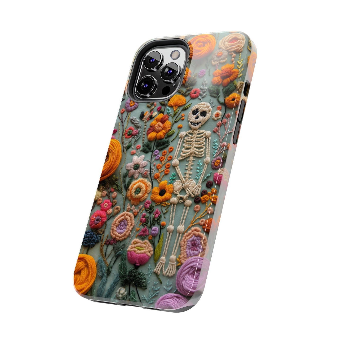 Vintage Skeletons in Bloom Phone Case | Embroidered Look Floral Charm Phone Cover | Halloween Cottagecore | iPhone | Pixel | Samsung