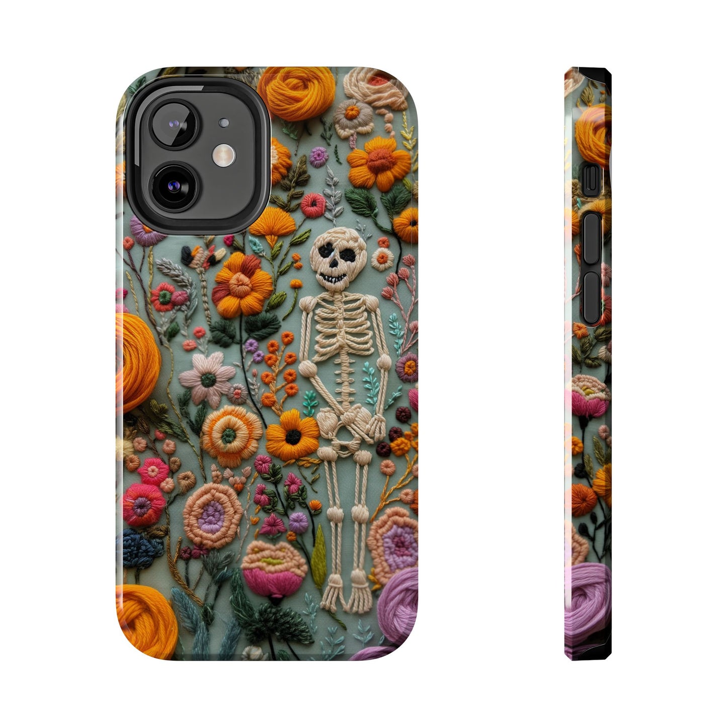 Vintage Skeletons in Bloom Phone Case | Embroidered Look Floral Charm Phone Cover | Halloween Cottagecore | iPhone | Pixel | Samsung