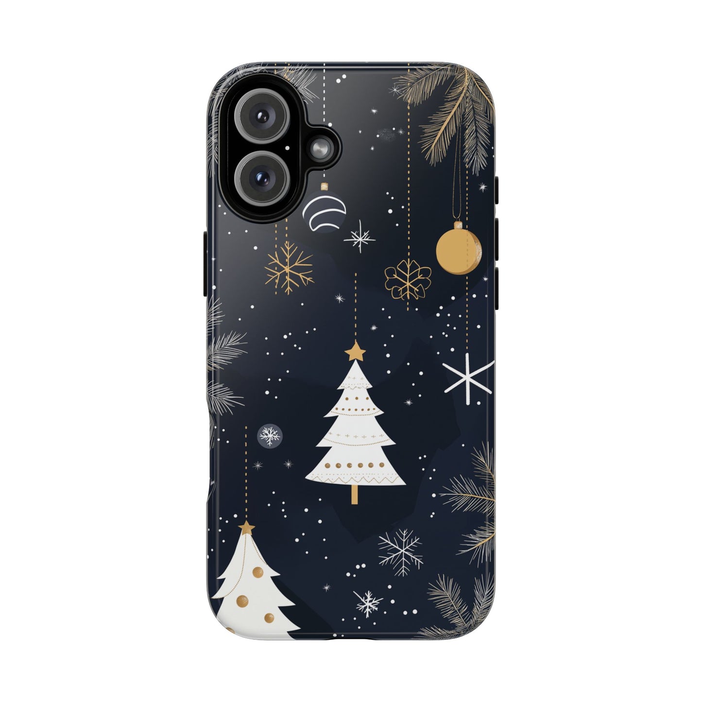 Modern Holiday Phone Case – Minimalist Christmas Trees and Gold Ornaments Design