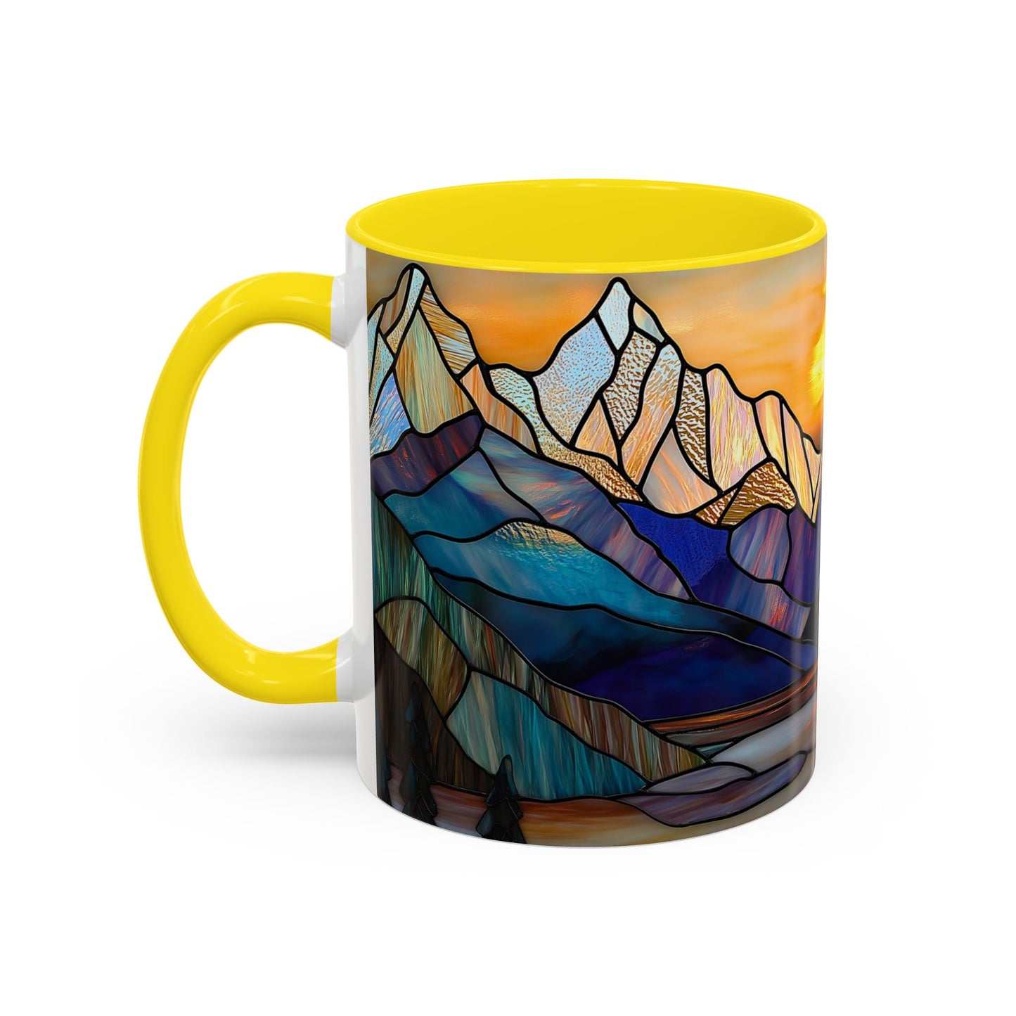Stained Glass Mountain Coffee Mug - Vibrant Watercolor Mountain Sunset, 11oz & 15oz Ceramic Mug, Perfect gifts ideas, Outdoor Adventure
