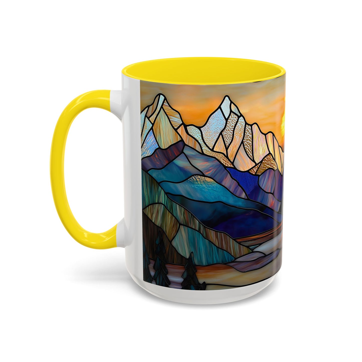 Stained Glass Mountain Coffee Mug - Vibrant Watercolor Mountain Sunset, 11oz & 15oz Ceramic Mug, Perfect gifts ideas, Outdoor Adventure