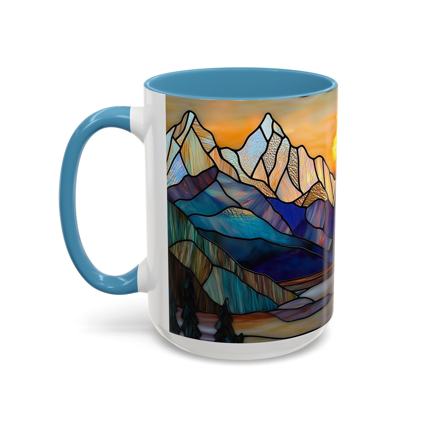 Stained Glass Mountain Coffee Mug - Vibrant Watercolor Mountain Sunset, 11oz & 15oz Ceramic Mug, Perfect gifts ideas, Outdoor Adventure