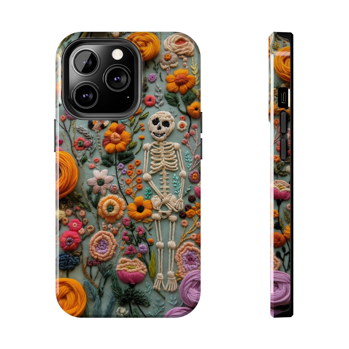 Vintage Skeletons in Bloom Phone Case | Embroidered Look Floral Charm Phone Cover | Halloween Cottagecore | iPhone | Pixel | Samsung