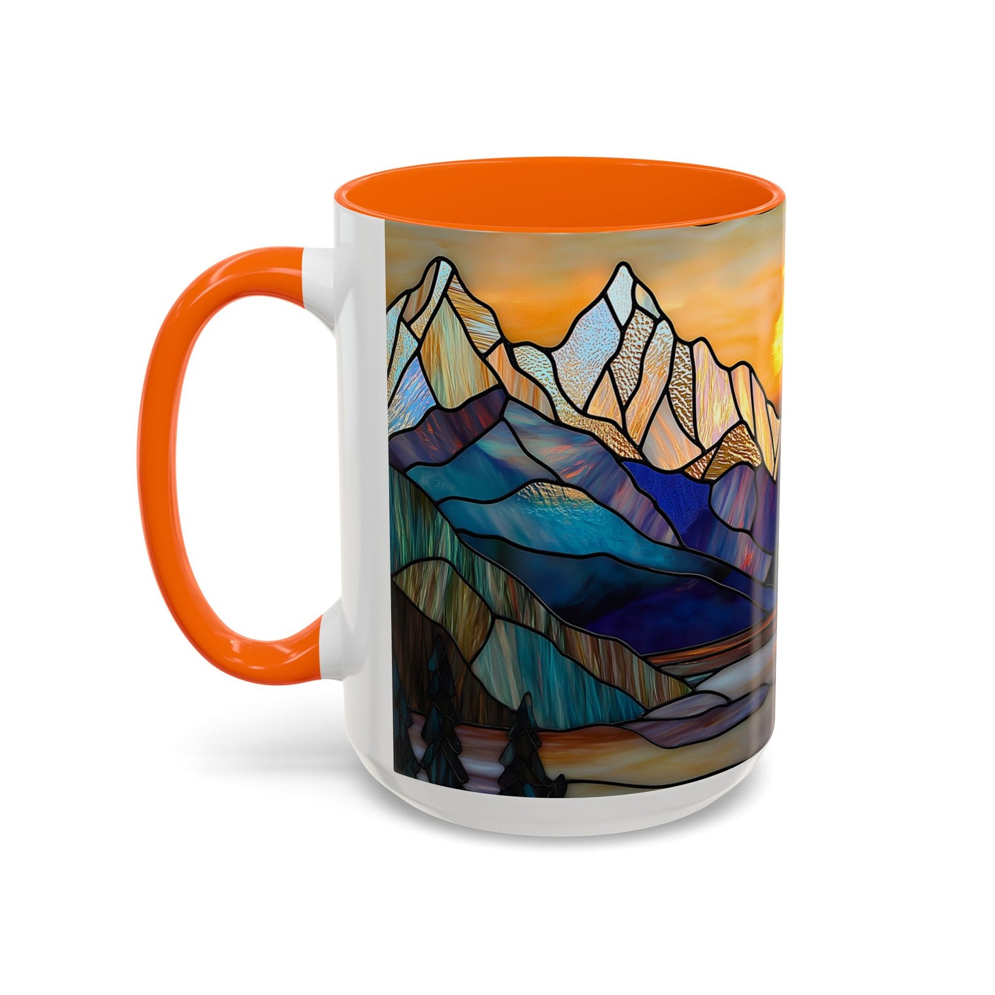 Stained Glass Mountain Coffee Mug - Vibrant Watercolor Mountain Sunset, 11oz & 15oz Ceramic Mug, Perfect gifts ideas, Outdoor Adventure
