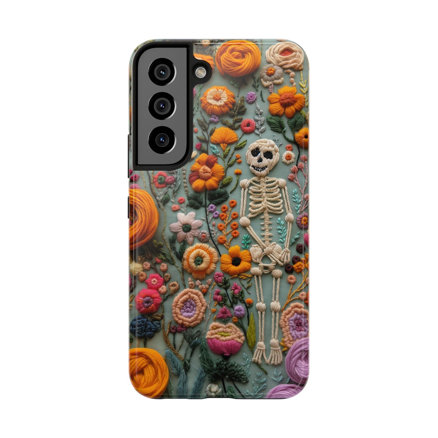 Vintage Skeletons in Bloom Phone Case | Embroidered Look Floral Charm Phone Cover | Halloween Cottagecore | iPhone | Pixel | Samsung
