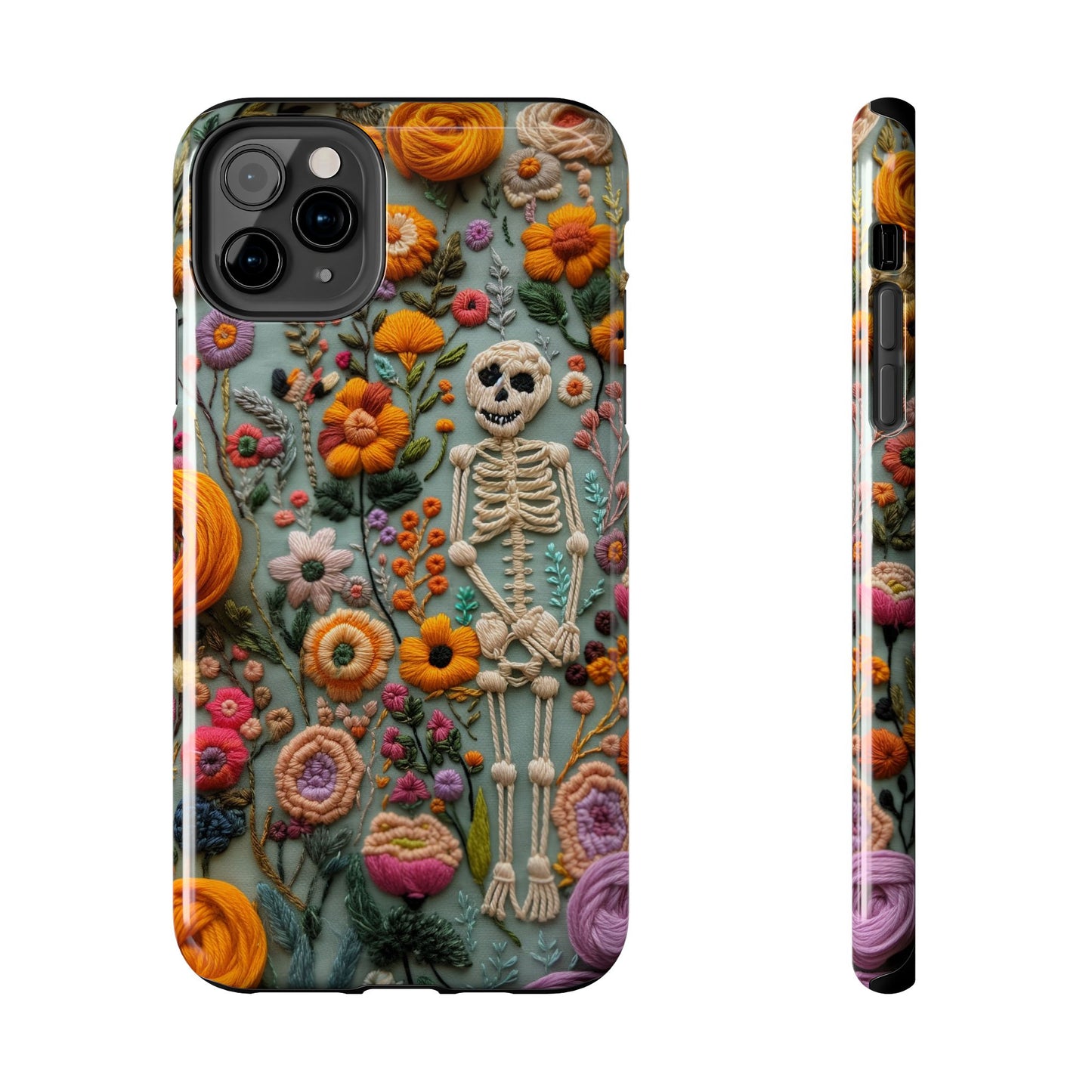 Vintage Skeletons in Bloom Phone Case | Embroidered Look Floral Charm Phone Cover | Halloween Cottagecore | iPhone | Pixel | Samsung