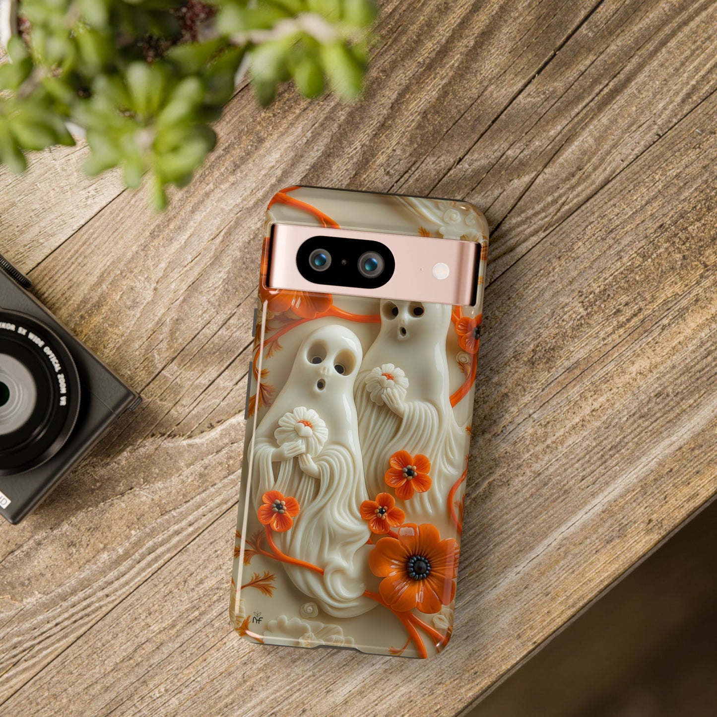 Ghostly Floral Phone Case - Spooky Halloween Design with Orange Flowers for iPhone & Android - Cute Ghost Phone Cover
