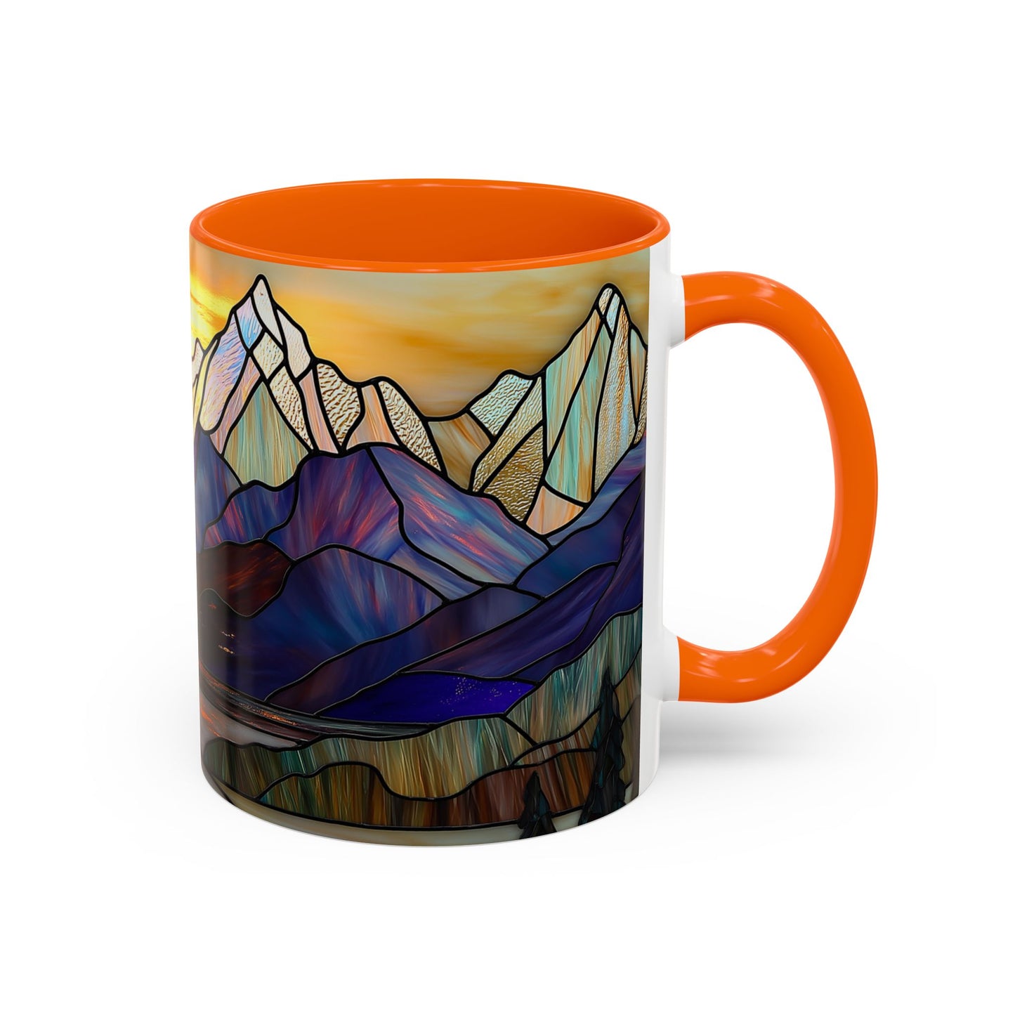 Stained Glass Mountain Coffee Mug - Vibrant Watercolor Mountain Sunset, 11oz & 15oz Ceramic Mug, Perfect gifts ideas, Outdoor Adventure