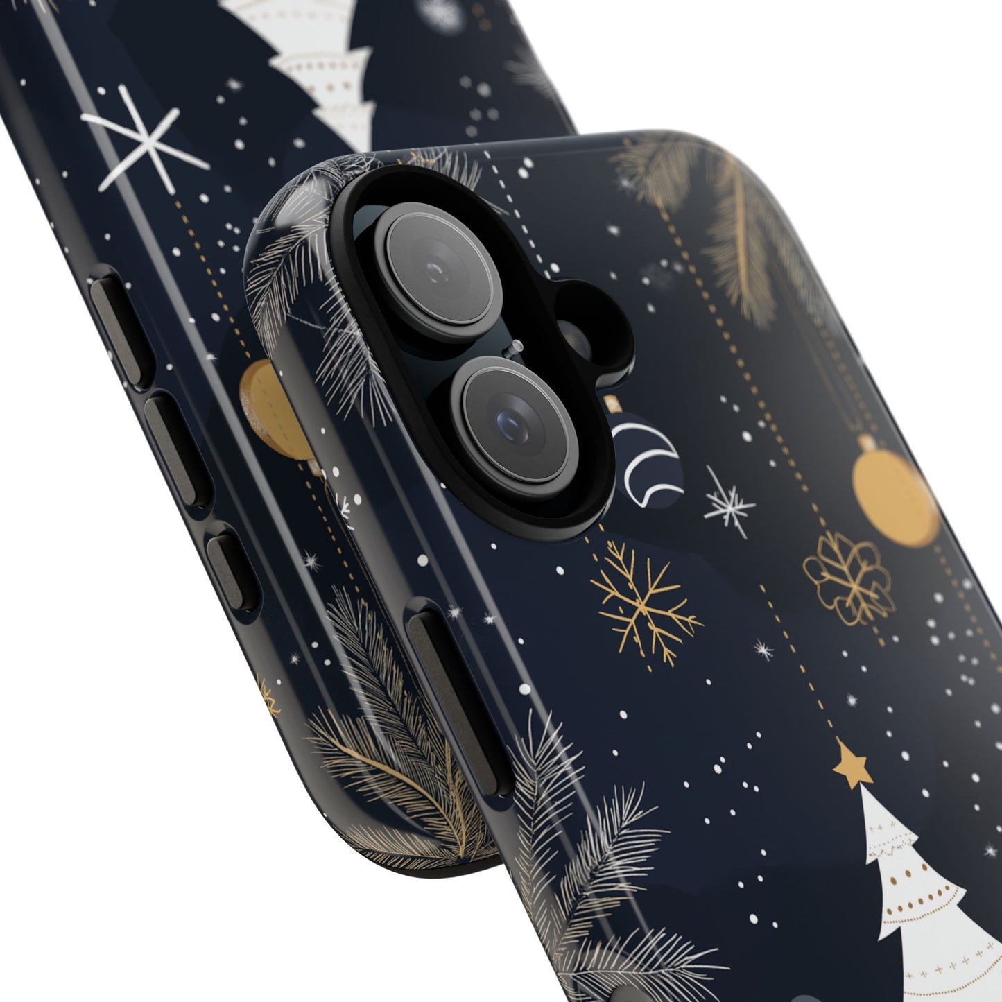Modern Holiday Phone Case – Minimalist Christmas Trees and Gold Ornaments Design