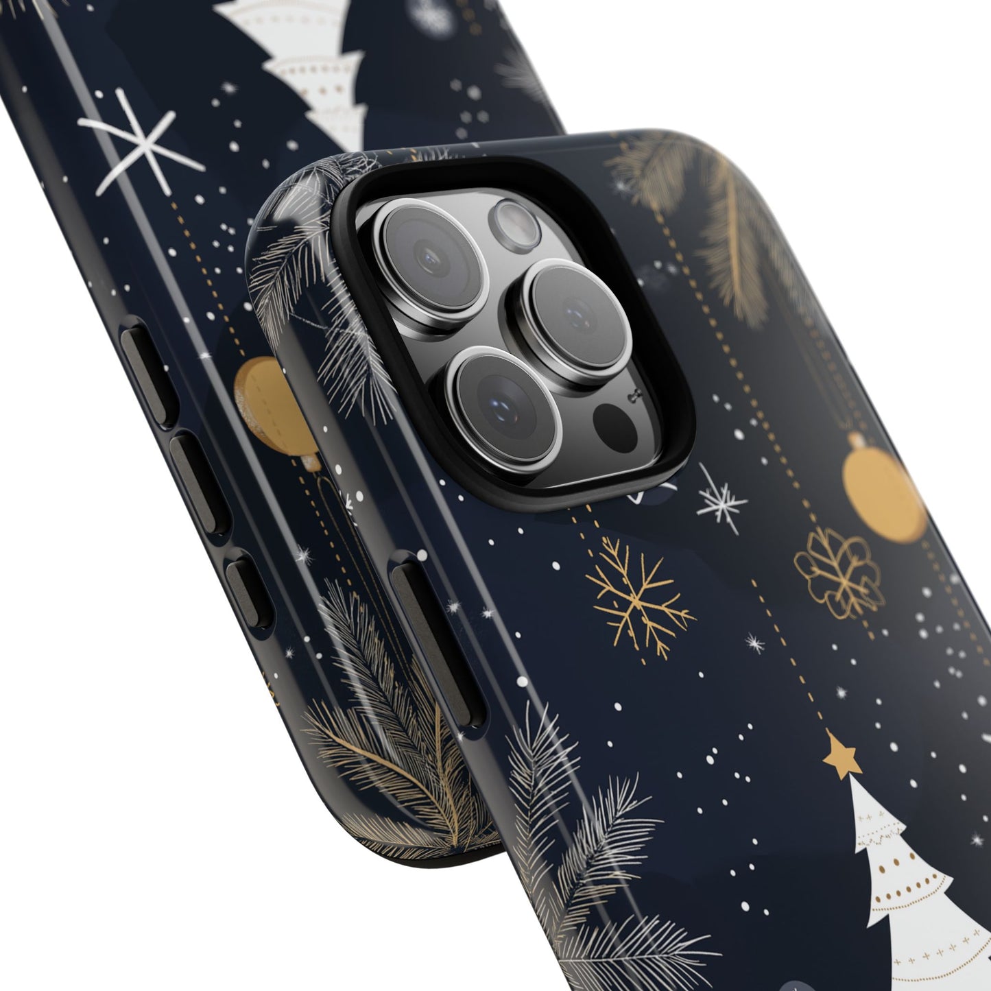 Modern Holiday Phone Case – Minimalist Christmas Trees and Gold Ornaments Design