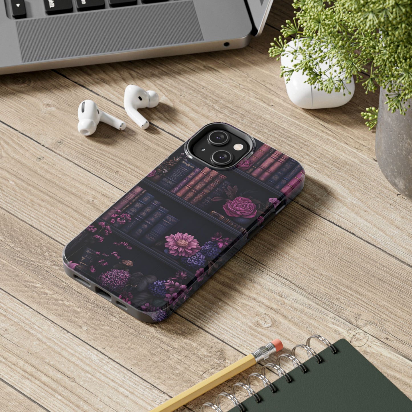 Goth dark academia books floral purple Phone