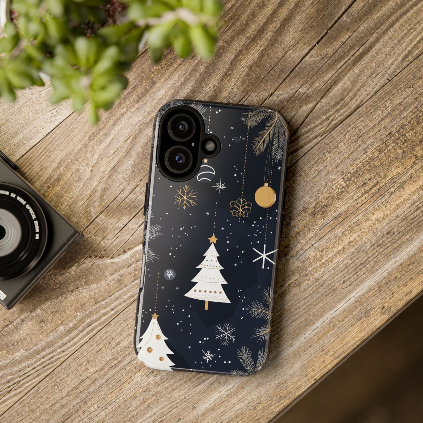 Modern Holiday Phone Case – Minimalist Christmas Trees and Gold Ornaments Design