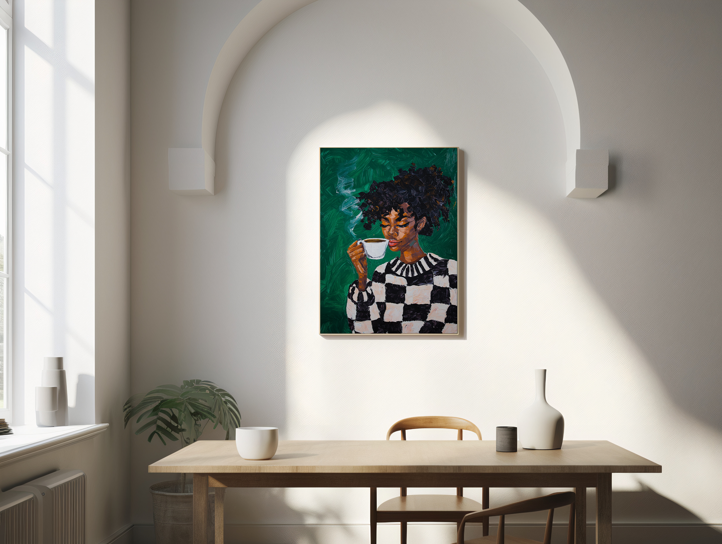 Black Woman Coffee Wall Art Print – Bold Afrocentric Painting for Kitchen or Living Room Décor