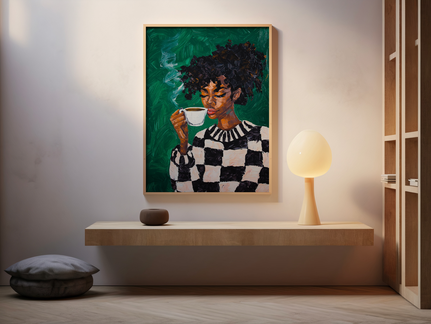 Black Woman Coffee Wall Art Print – Bold Afrocentric Painting for Kitchen or Living Room Décor
