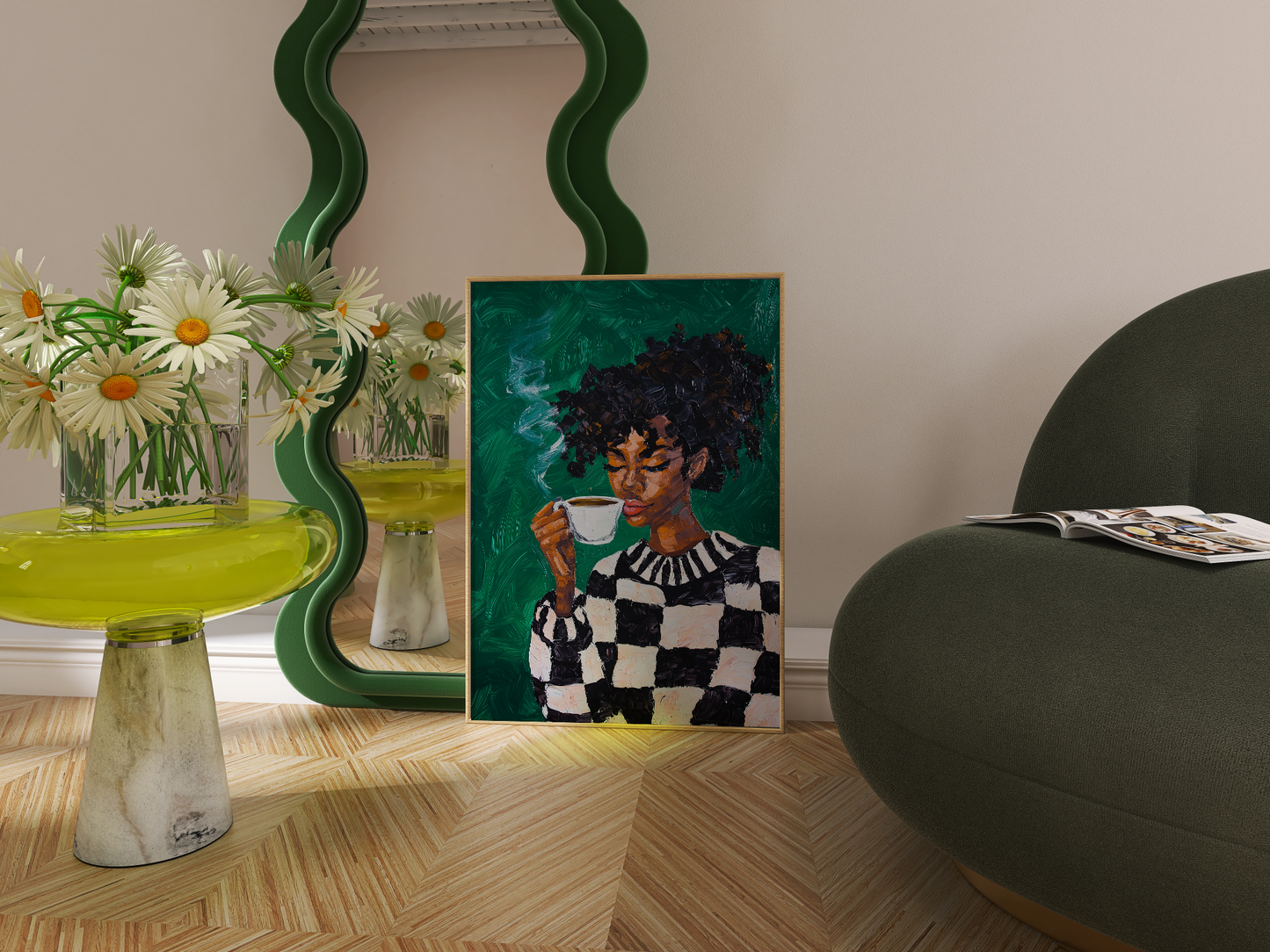 Black Woman Coffee Wall Art Print – Bold Afrocentric Painting for Kitchen or Living Room Décor