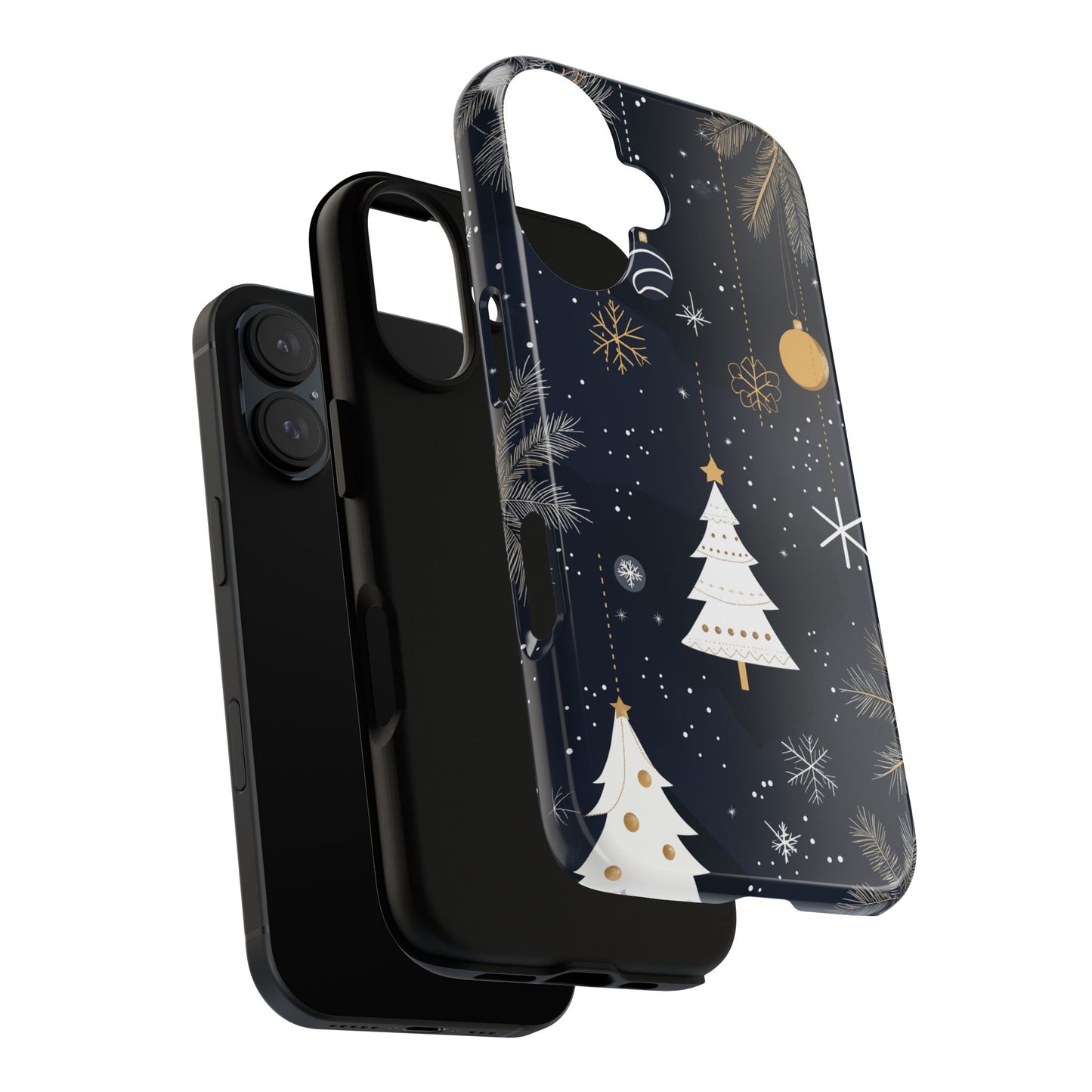 Modern Holiday Phone Case – Minimalist Christmas Trees and Gold Ornaments Design