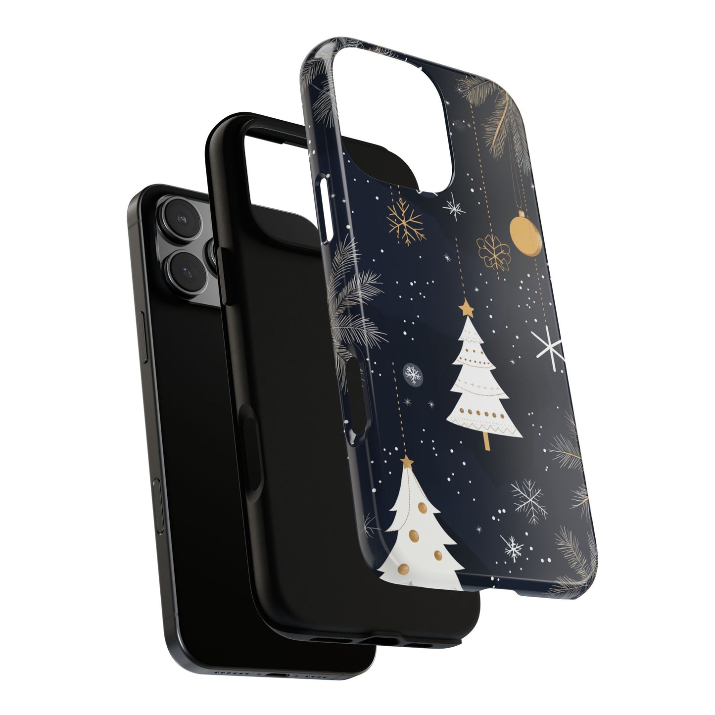 Modern Holiday Phone Case – Minimalist Christmas Trees and Gold Ornaments Design