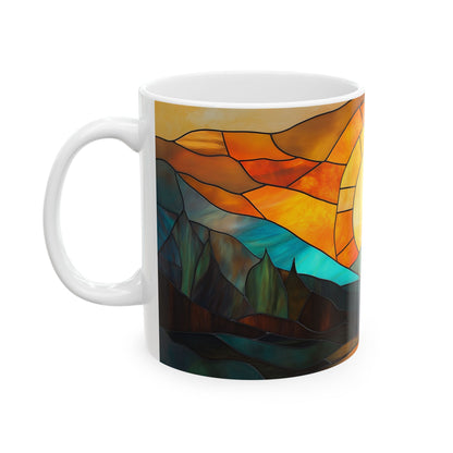 Stained Glass Sunrise Ceramic Mug, Colorful Mountain Landscape Coffee Cup, Inspirational Gift, Nature Lover's Mug, Home Decor, Unique