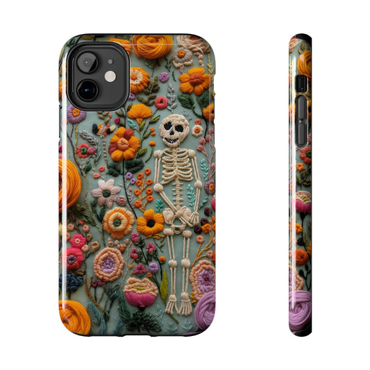 Vintage Skeletons in Bloom Phone Case | Embroidered Look Floral Charm Phone Cover | Halloween Cottagecore | iPhone | Pixel | Samsung