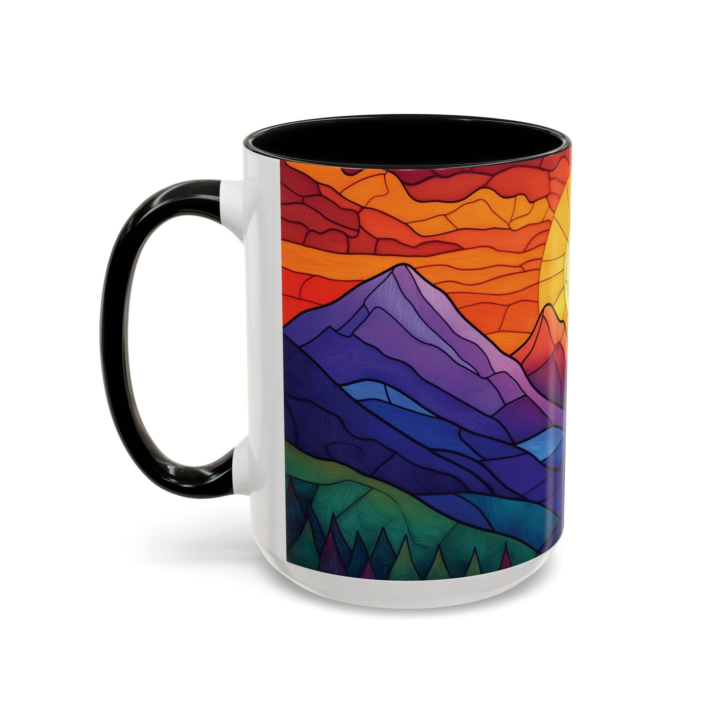 Stained Glass Mountain Range Coffee Mug - Vibrant Watercolor Mountain Sunset, 11oz & 15oz Ceramic Mug, Perfect gifts ideas,