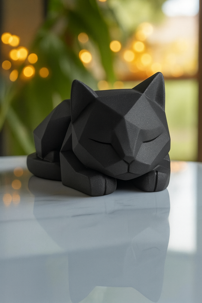 3D printed white low poly cat sculpture resting on a wooden table in a cozy modern interior.